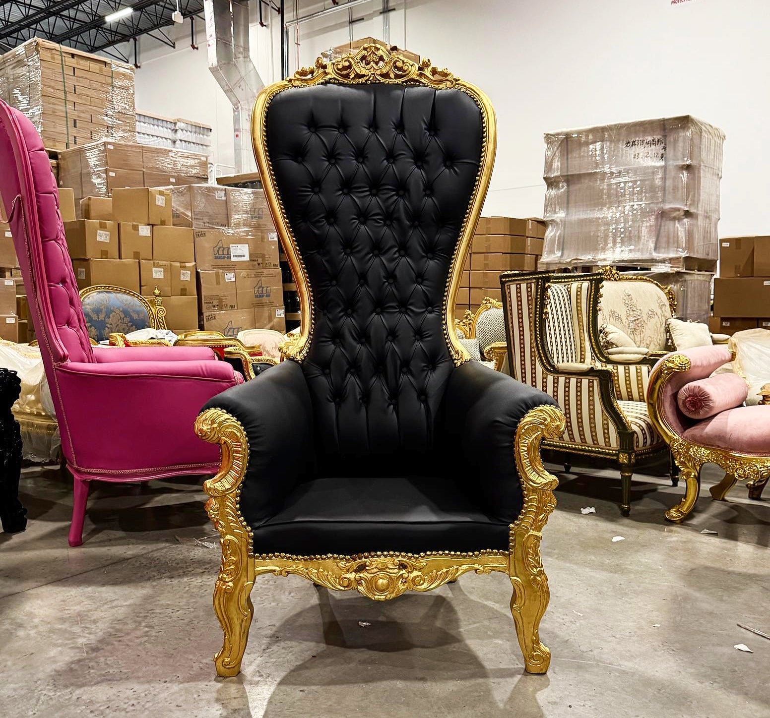 Throne Chair French Style Black Leather High-Back Tufted Gold Leaf Details