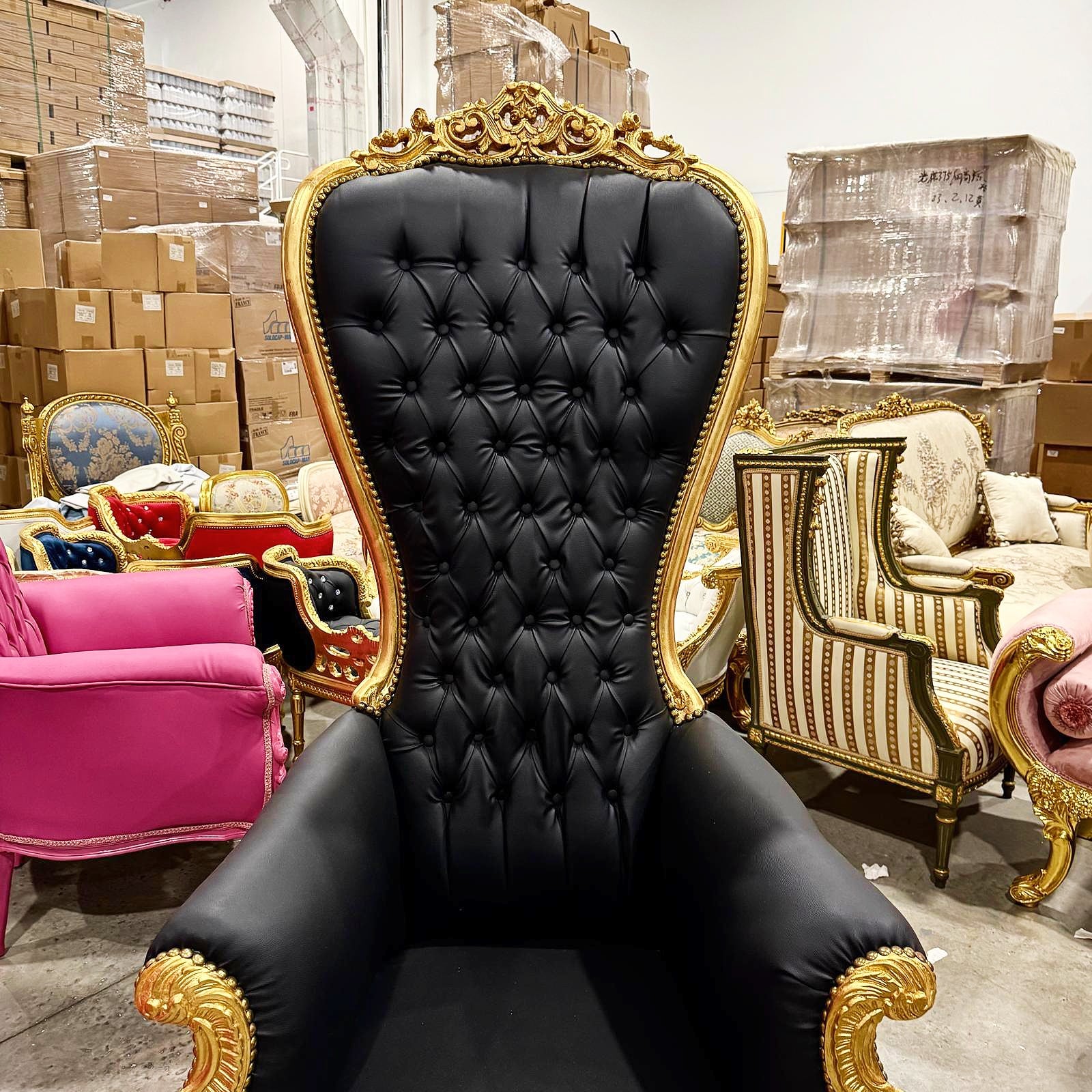 Throne Chair French Style Black Leather High-Back Tufted Gold Leaf Details