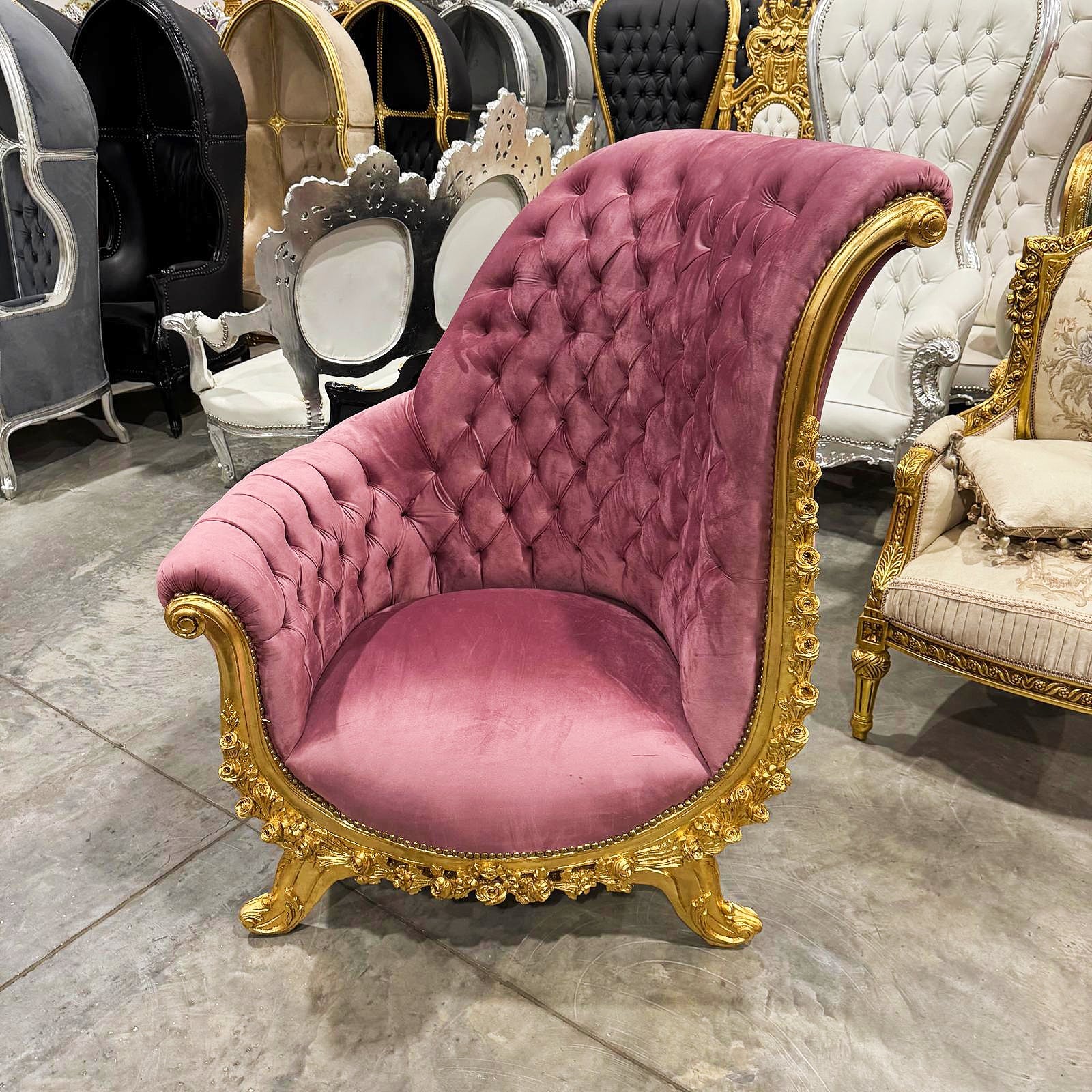 French Style Tufted Chair Pink Velvet Gold Details Rococo Baroque Furniture