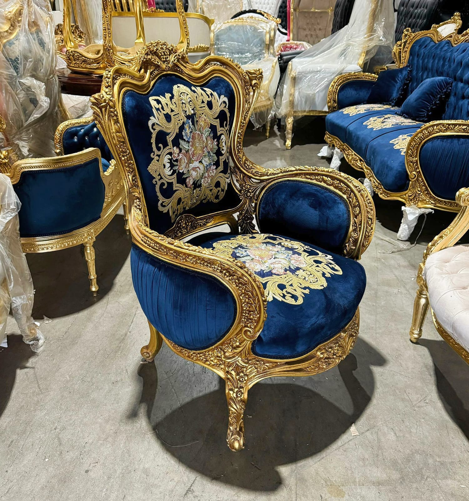Blue Bergère Wing Chair – French Style Armchair with Gold Leaf Details