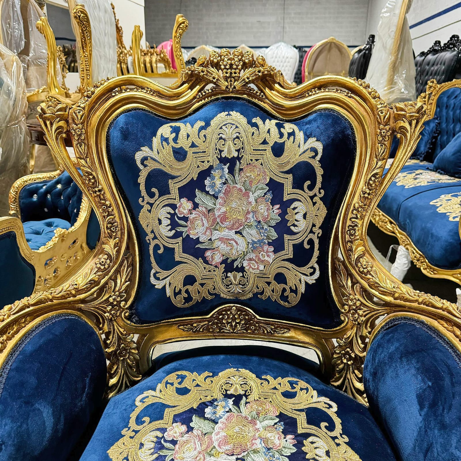 Blue Bergère Wing Chair – French Style Armchair with Gold Leaf Details