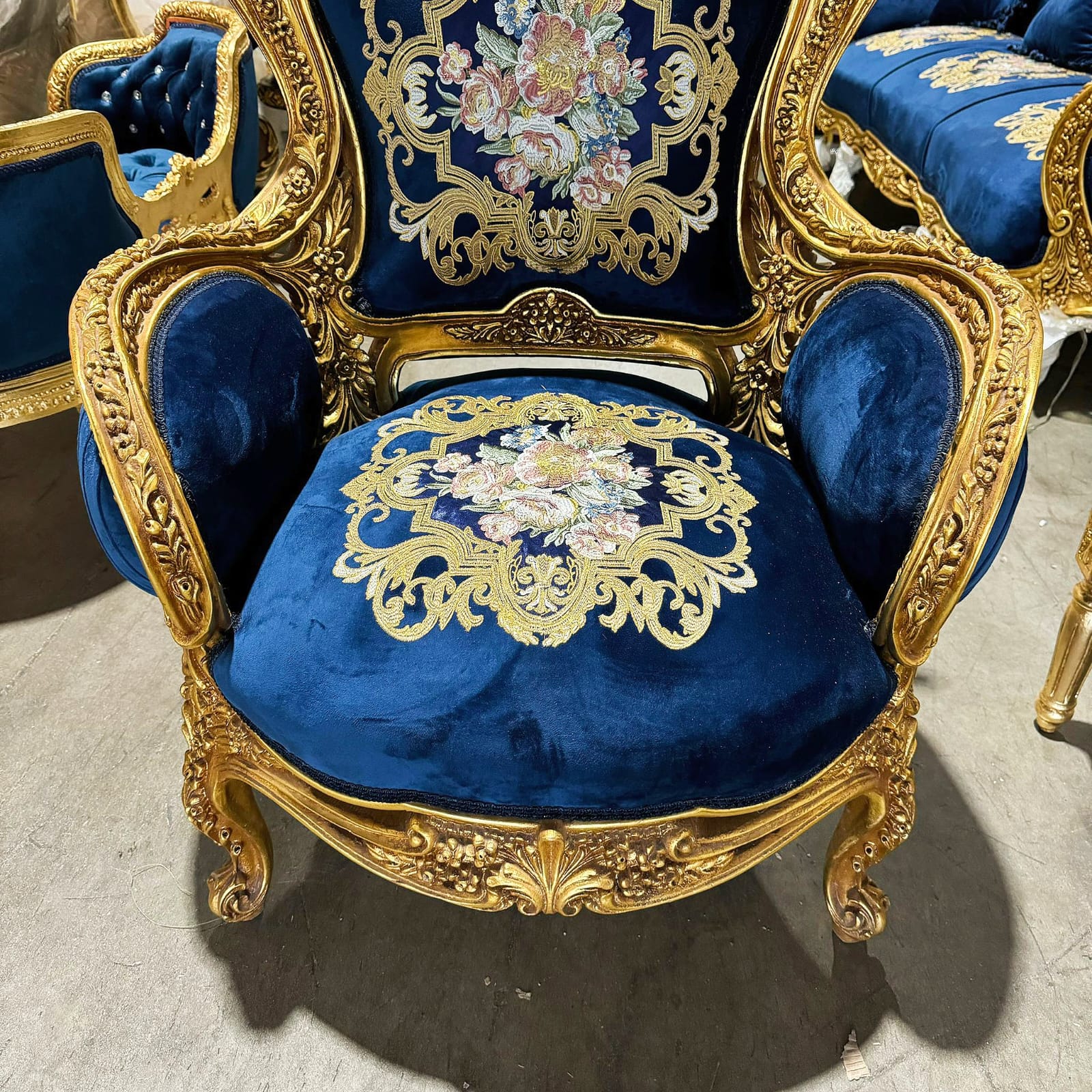 Blue Bergère Wing Chair – French Style Armchair with Gold Leaf Details