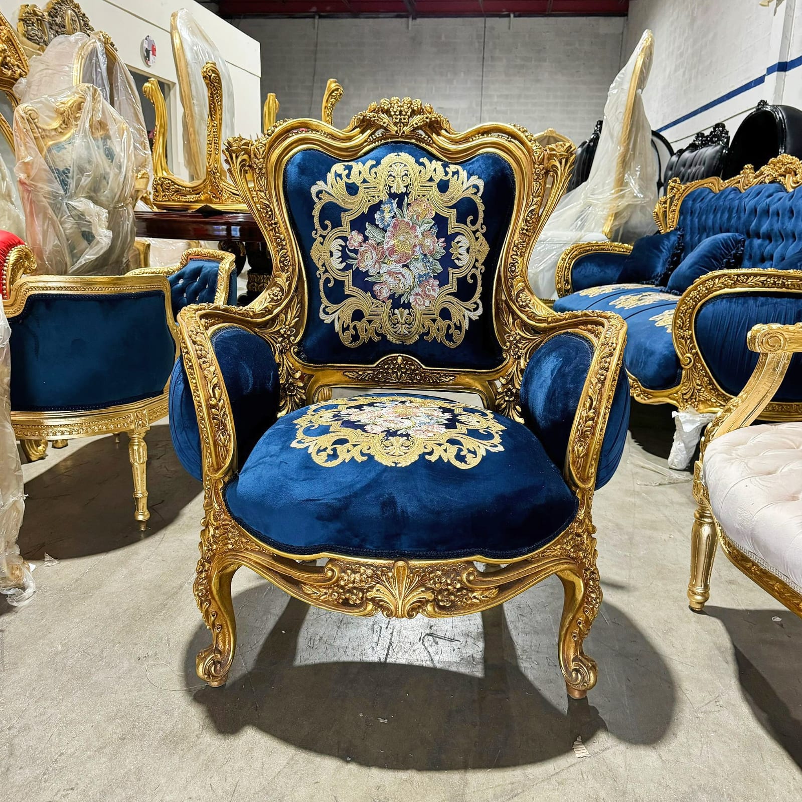 Blue Bergère Wing Chair – French Style Armchair with Gold Leaf Details