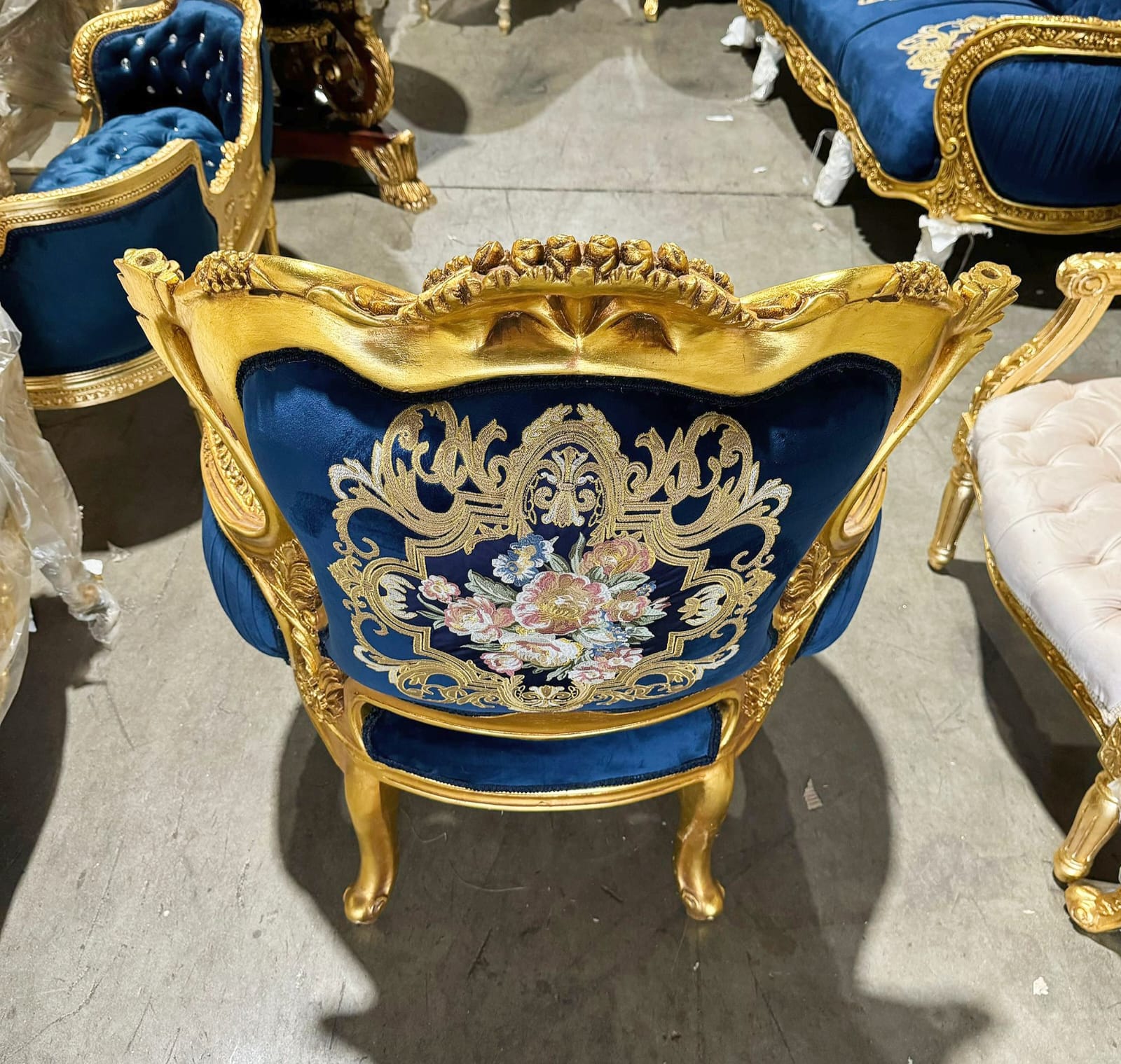 Blue Bergère Wing Chair – French Style Armchair with Gold Leaf Details
