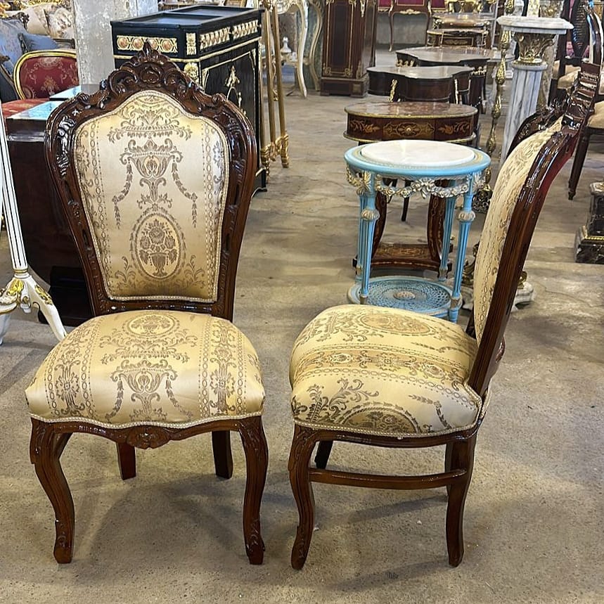 French Rococo Copper Chair– Gold Leaf Upholstery, Baroque Vintage Accent- Set of 2