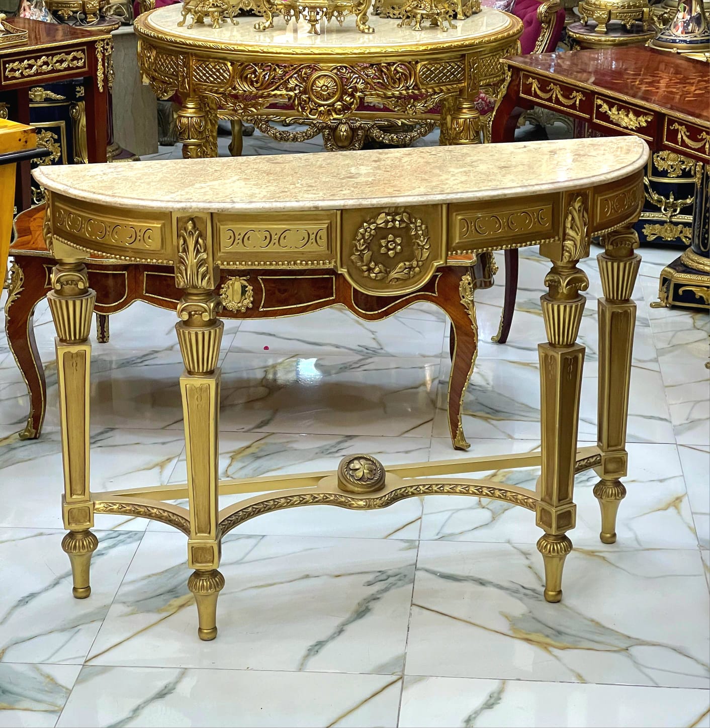 Luxury Baroque Console Table – Gold Leaf Finish with Carvings & Marble Top