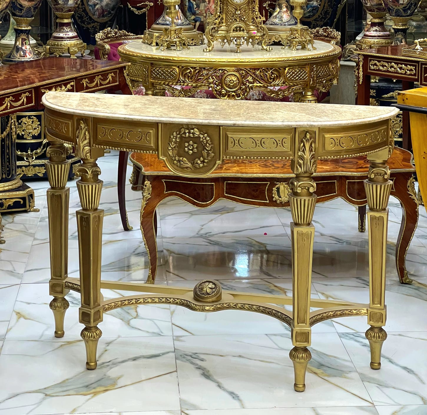 Luxury Baroque Console Table – Gold Leaf Finish with Carvings & Marble Top