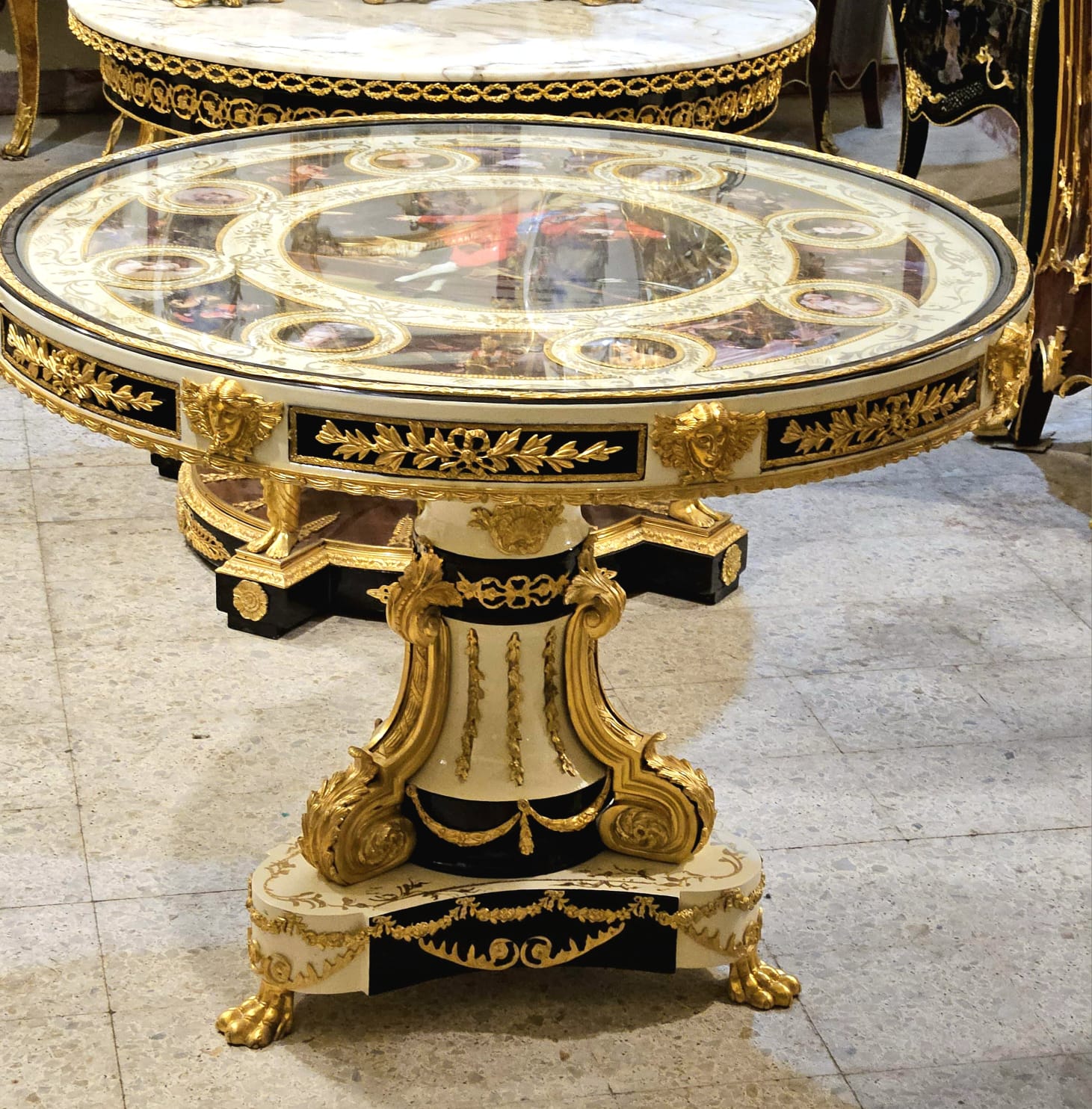 French Rococo Style White Round Dining Table with Bronze Details