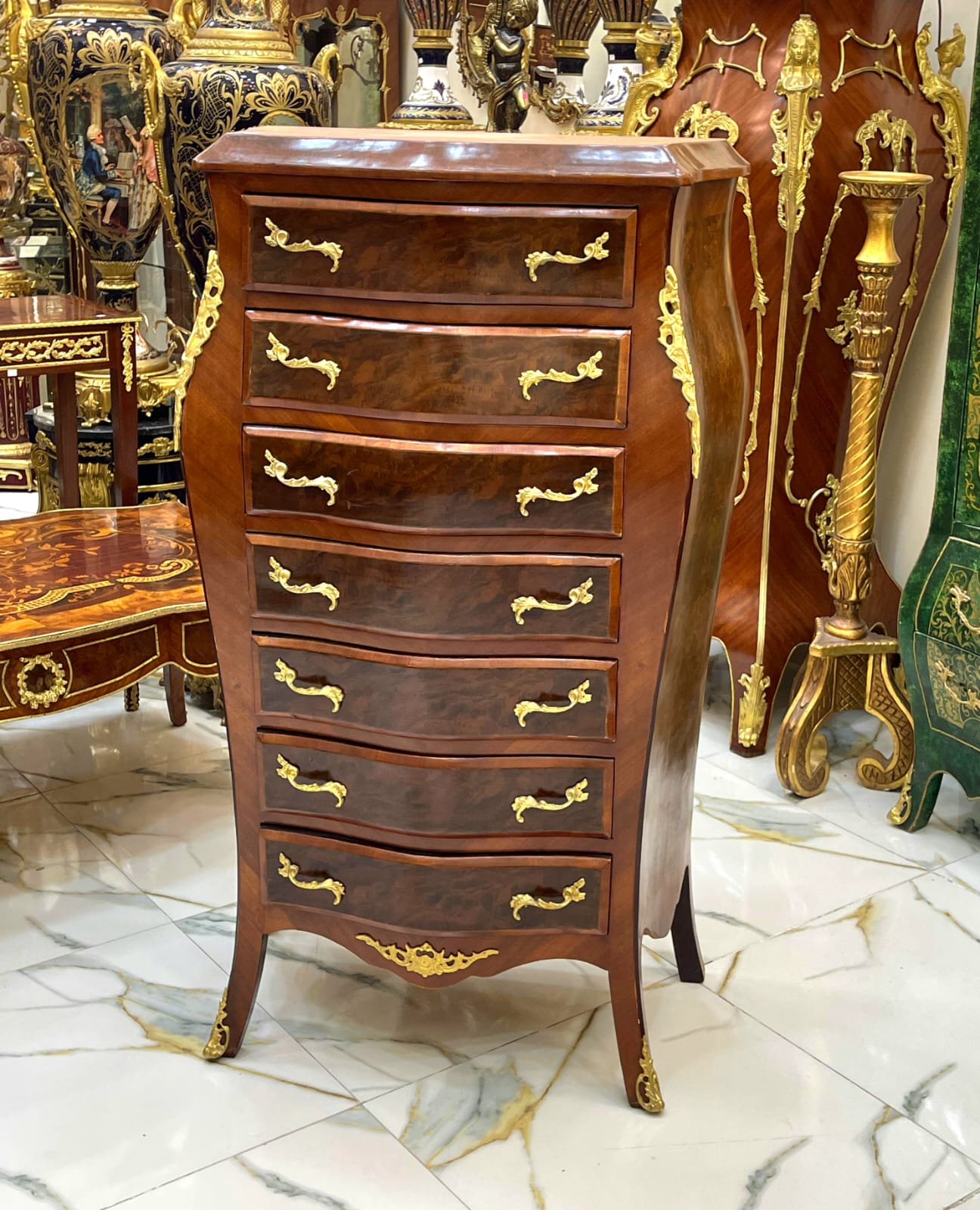 Napoleon III Boulle Style Chiffonier Commode – French Tall Chest with Gold Bronze Details, 7 Drawer Luxury Cabinet