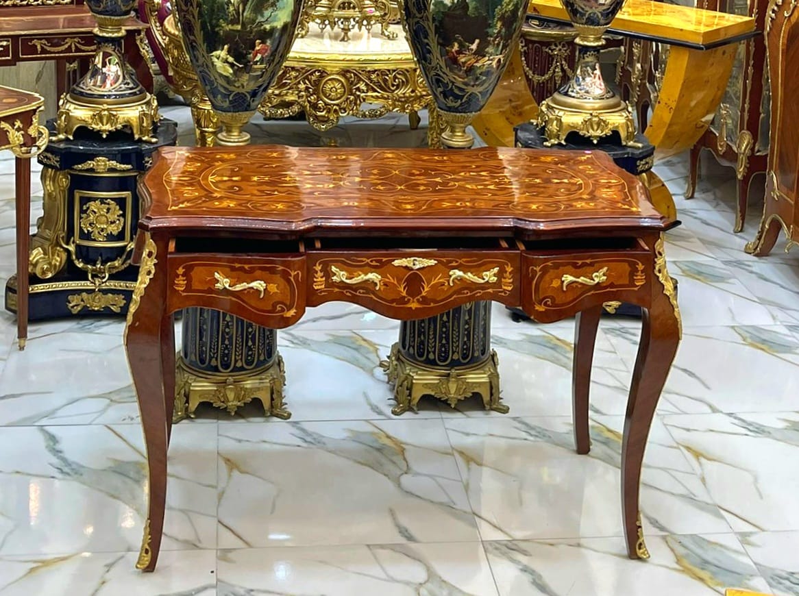French Style Console Table / Desk – Brown Finish with Gold Leaf, 32.28"H x 22.44"W x 45.67"L
