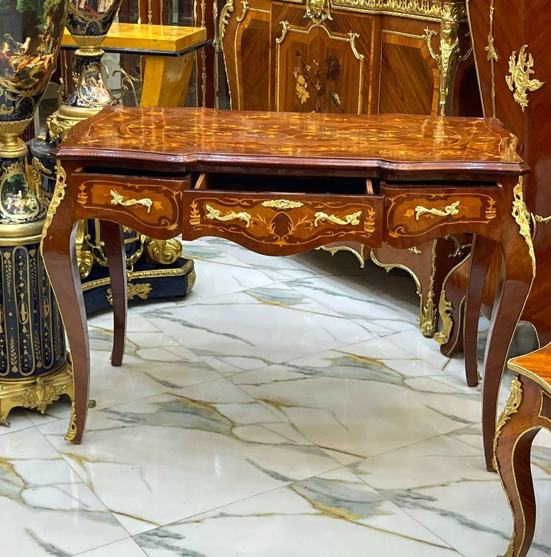 French Style Console Table / Desk – Brown Finish with Gold Leaf, 32.28"H x 22.44"W x 45.67"L