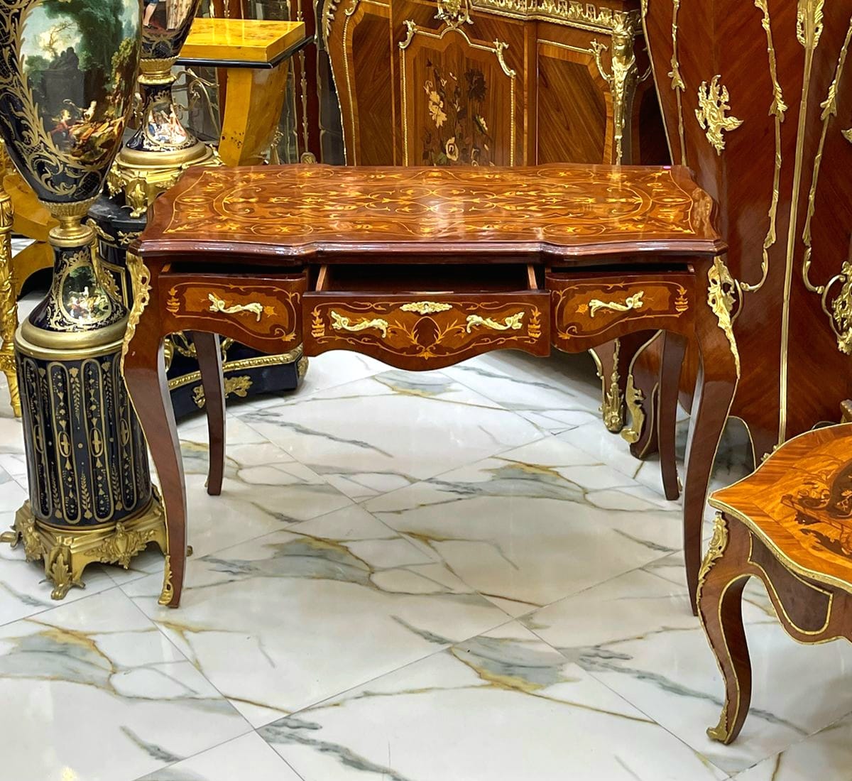 French Style Console Table / Desk – Brown Finish with Gold Leaf, 32.28"H x 22.44"W x 45.67"L