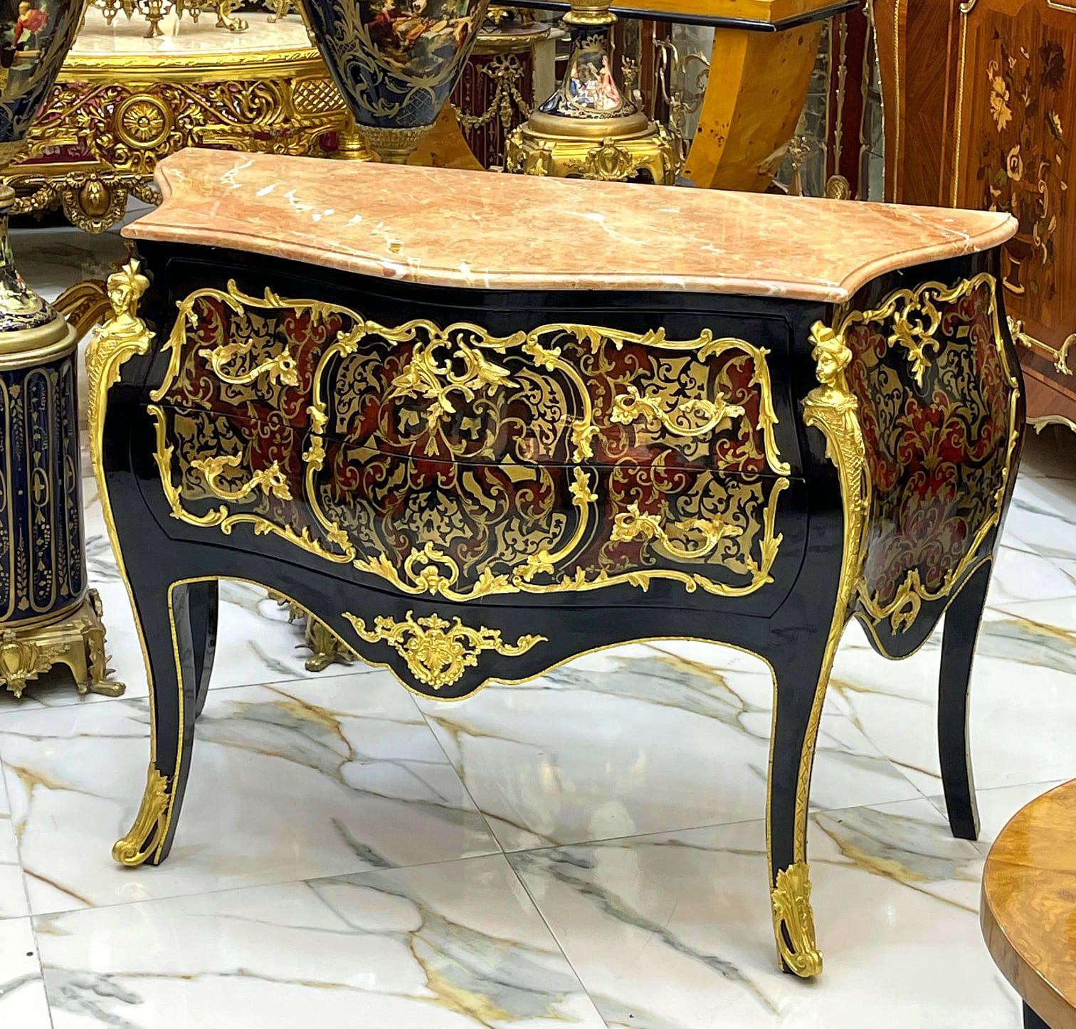 French Louis XV Style Commode – Marble Top Dresser with Gold Details, 2 Drawer French Chest, Luxury European Furniture