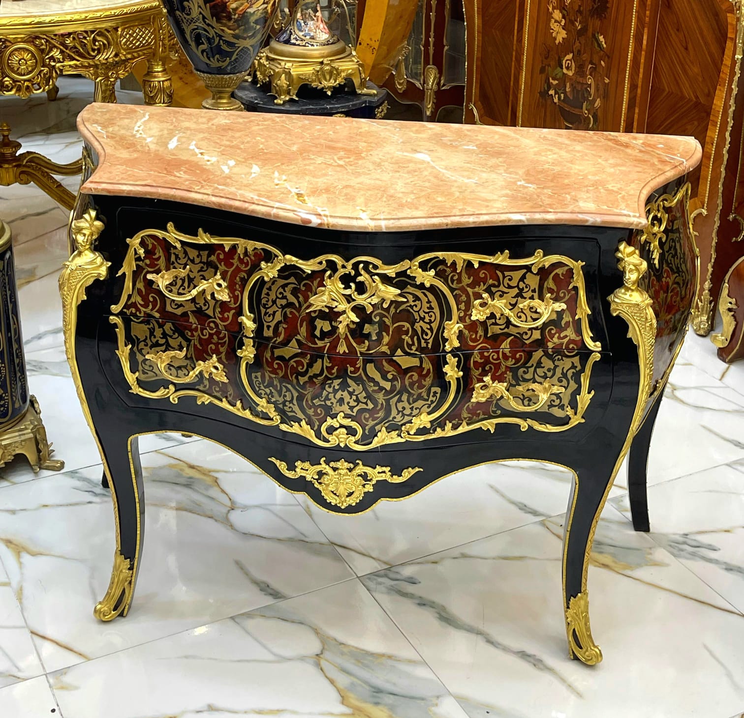 French Louis XV Style Commode – Marble Top Dresser with Gold Details, 2 Drawer French Chest, Luxury European Furniture