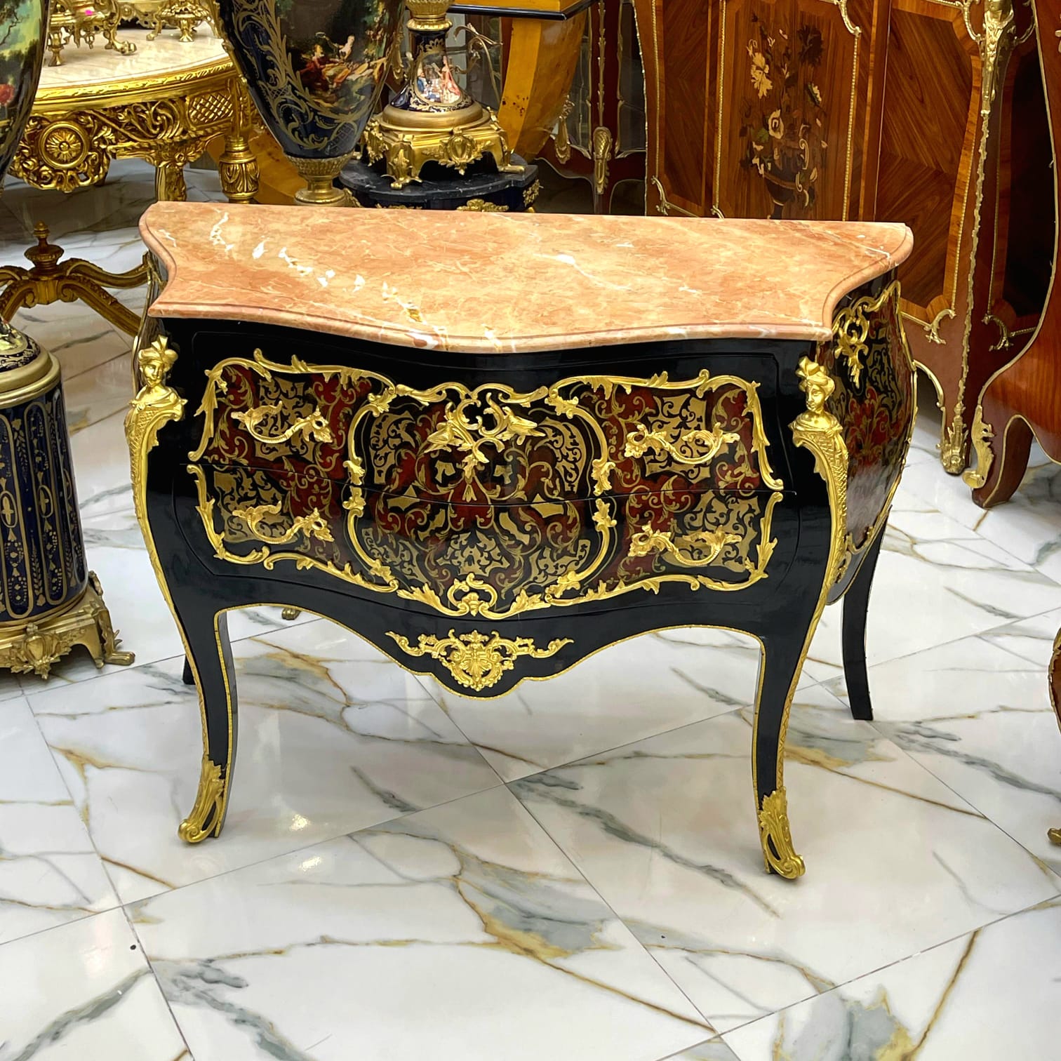 French Louis XV Style Commode – Marble Top Dresser with Gold Details, 2 Drawer French Chest, Luxury European Furniture