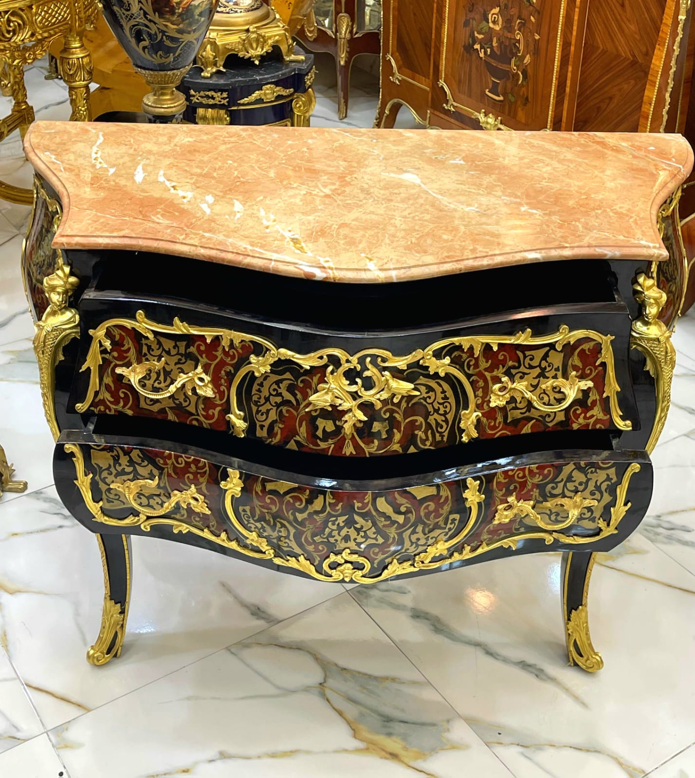 French Louis XV Style Commode – Marble Top Dresser with Gold Details, 2 Drawer French Chest, Luxury European Furniture