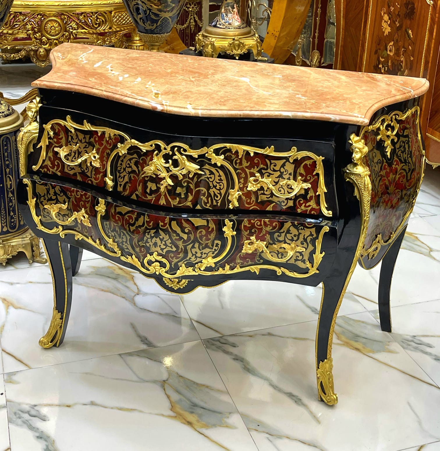 French Louis XV Style Commode – Marble Top Dresser with Gold Details, 2 Drawer French Chest, Luxury European Furniture