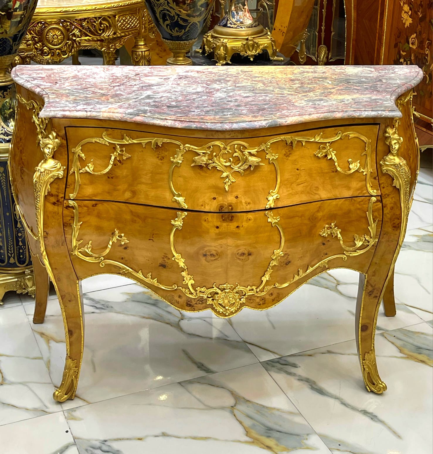 French Louis XV Style Commode – Marble Top Dresser with Gold Details, 2 Drawer French Chest, Luxury European Furniture