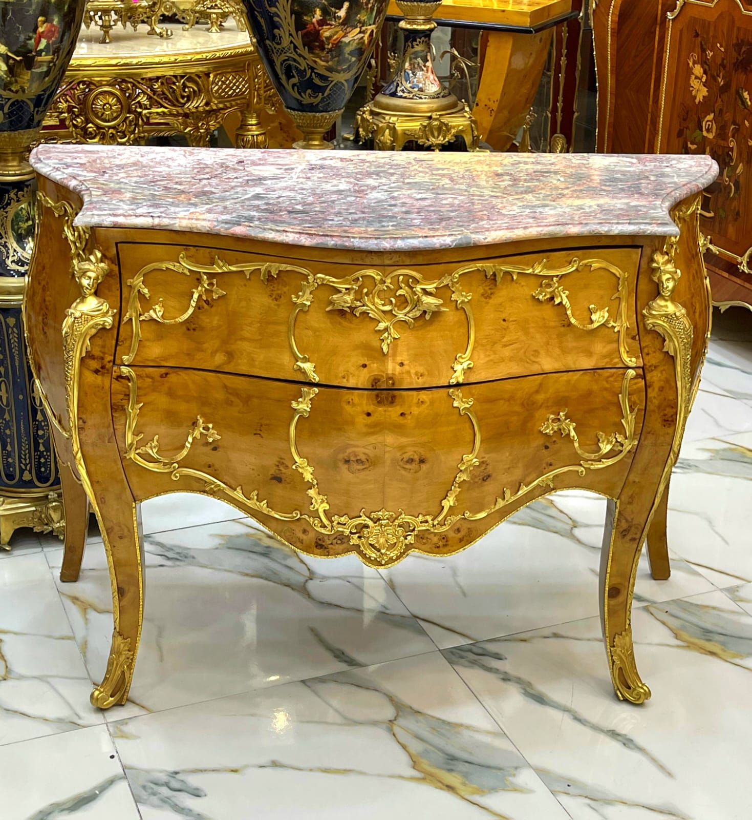 French Louis XV Style Commode – Marble Top Dresser with Gold Details, 2 Drawer French Chest, Luxury European Furniture