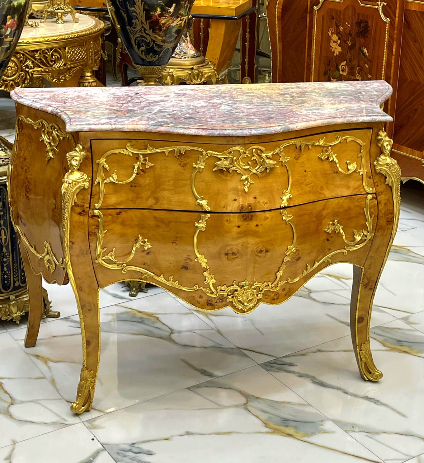 French Louis XV Style Commode – Marble Top Dresser with Gold Details, 2 Drawer French Chest, Luxury European Furniture