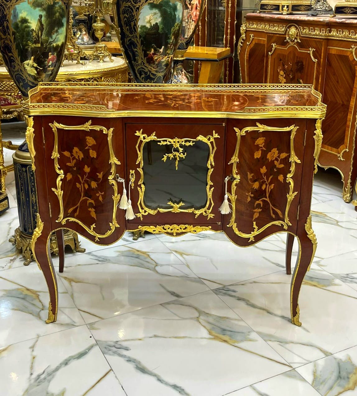 French Louis XV Style Sideboard – Marquetry Cabinet with Gold Bronze Details, Luxury French Buffet Console 46.9"L