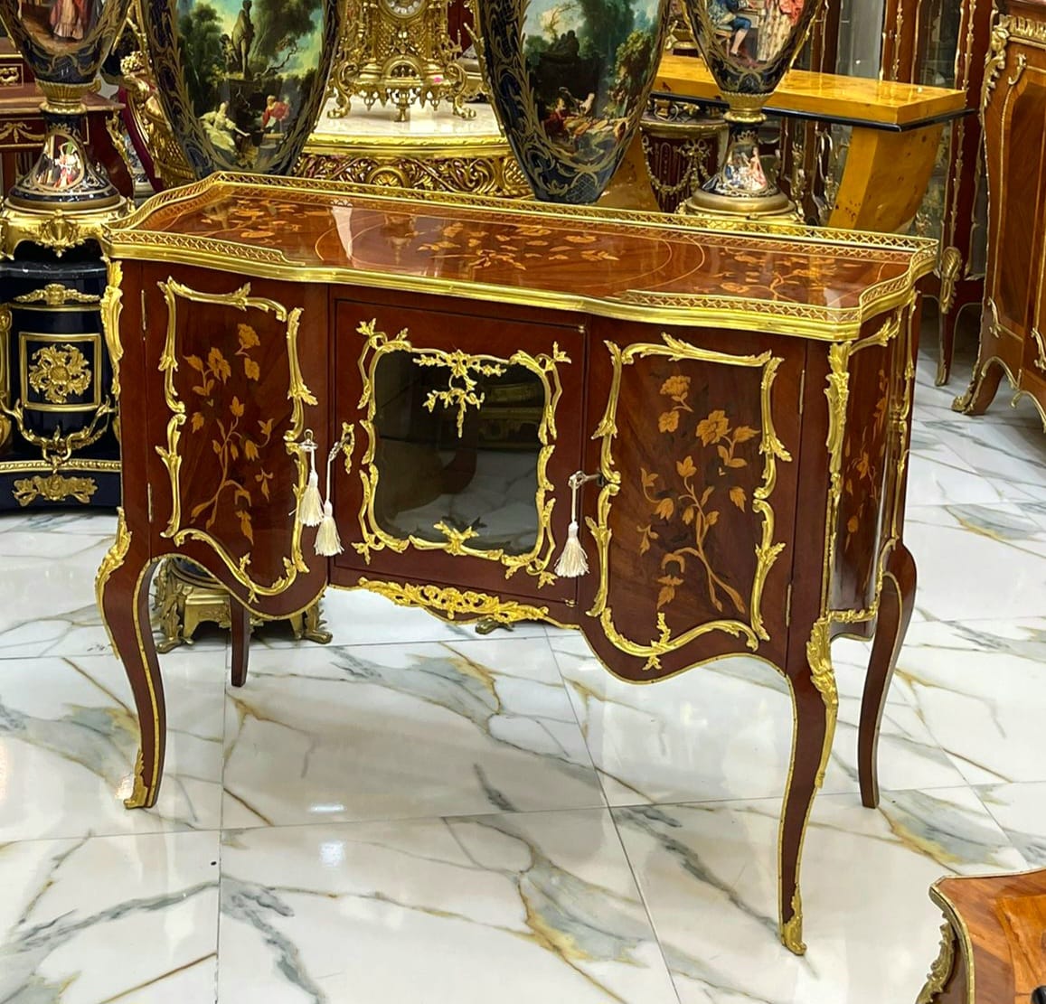 French Louis XV Style Sideboard – Marquetry Cabinet with Gold Bronze Details, Luxury French Buffet Console 46.9"L