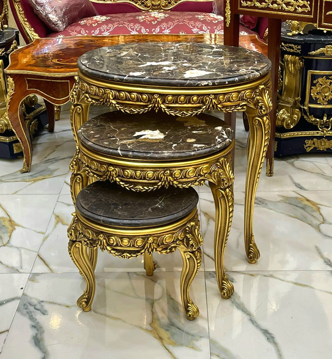 French Style Nesting Tables – Set of 3 Marble with Gold Leaf Details