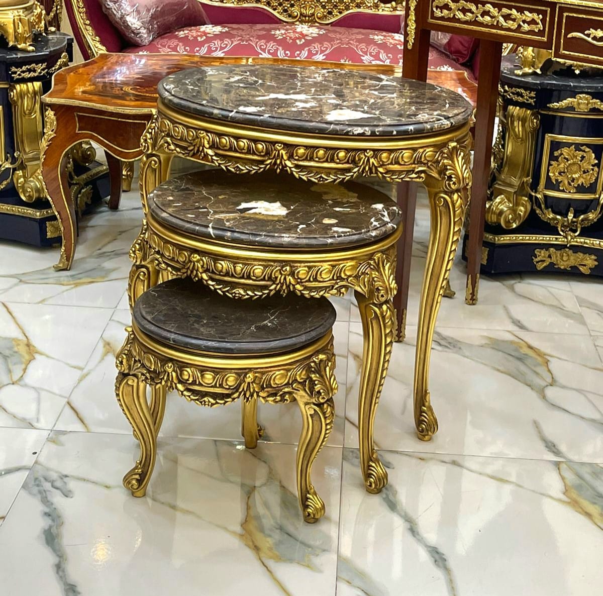 French Style Nesting Tables – Set of 3 Marble with Gold Leaf Details