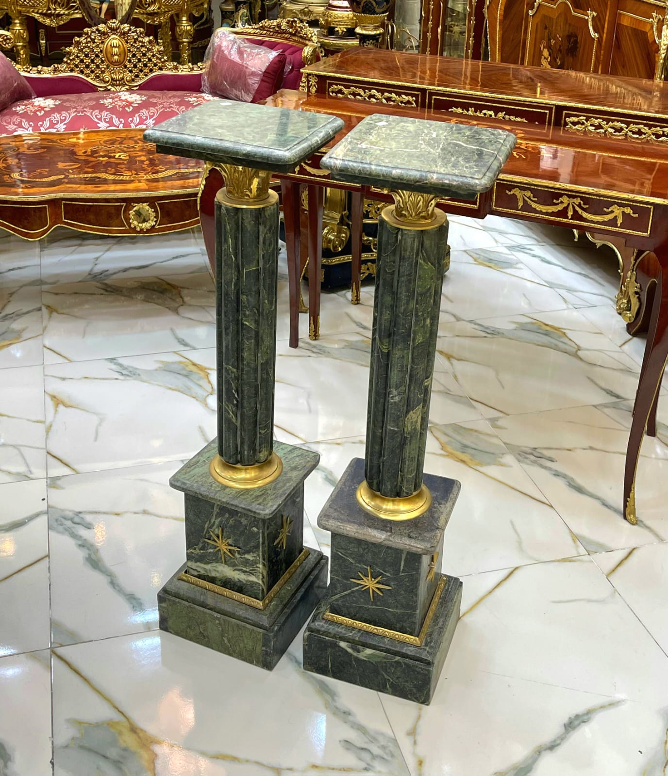 Rococo Style Dark Pedestal Column Set – Marble Top Gold Leaf Pedestals, Luxury French Display Columns for Sculptures & Décor