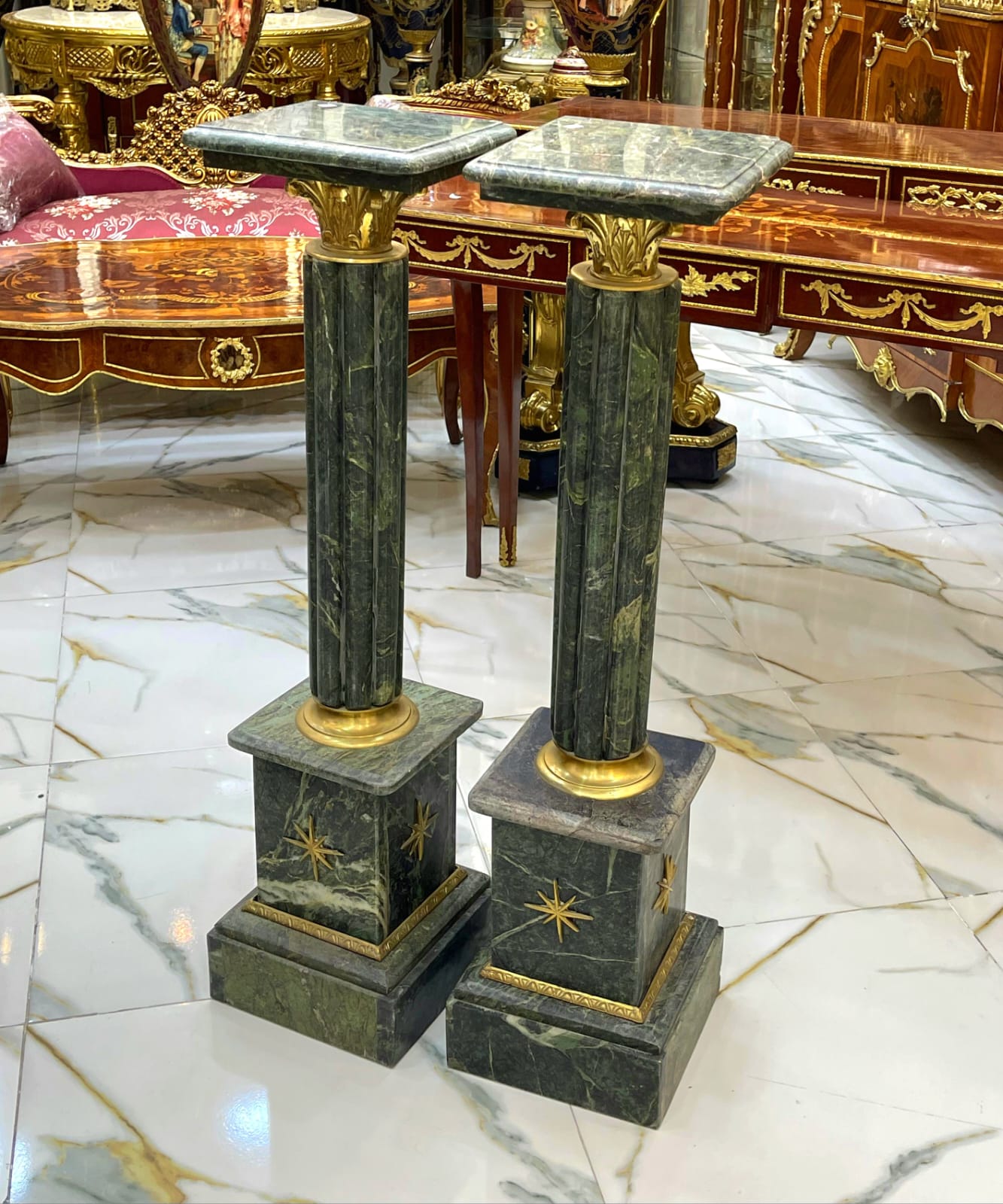Rococo Style Dark Pedestal Column Set – Marble Top Gold Leaf Pedestals, Luxury French Display Columns for Sculptures & Décor