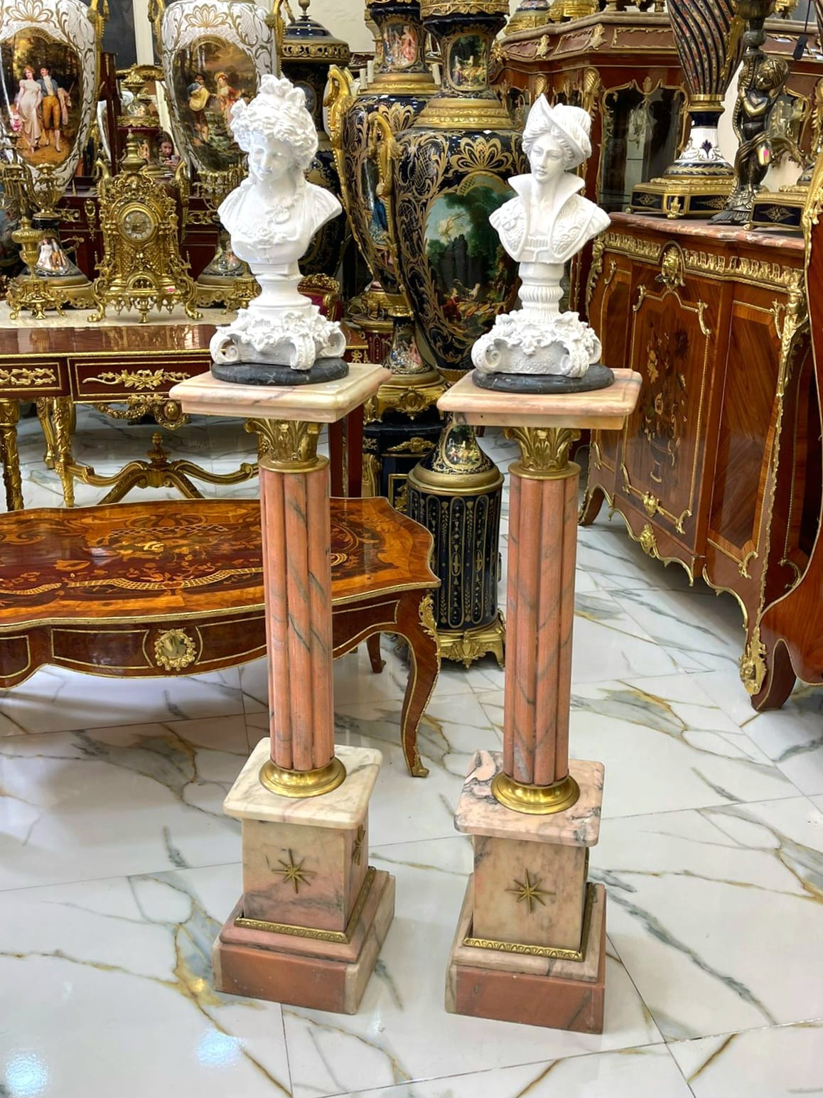 Rococo Style Pink Pedestal Column Set – Marble Top Gold Leaf Pedestals, Luxury French Display Columns for Sculptures & Décor