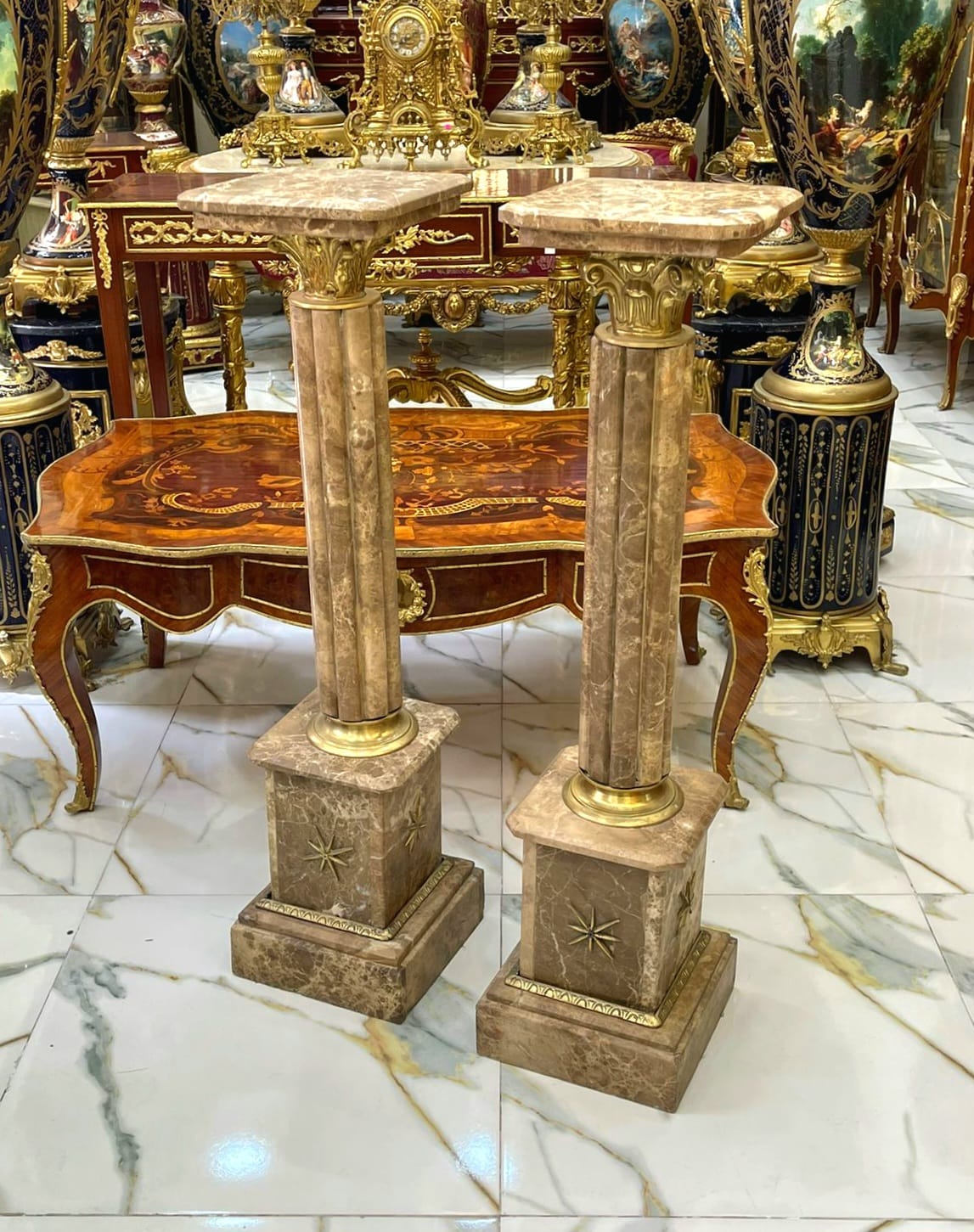Rococo Style Pedestal Column Set – Marble Top Gold Leaf Pedestals, Luxury French Display Columns for Sculptures & Décor