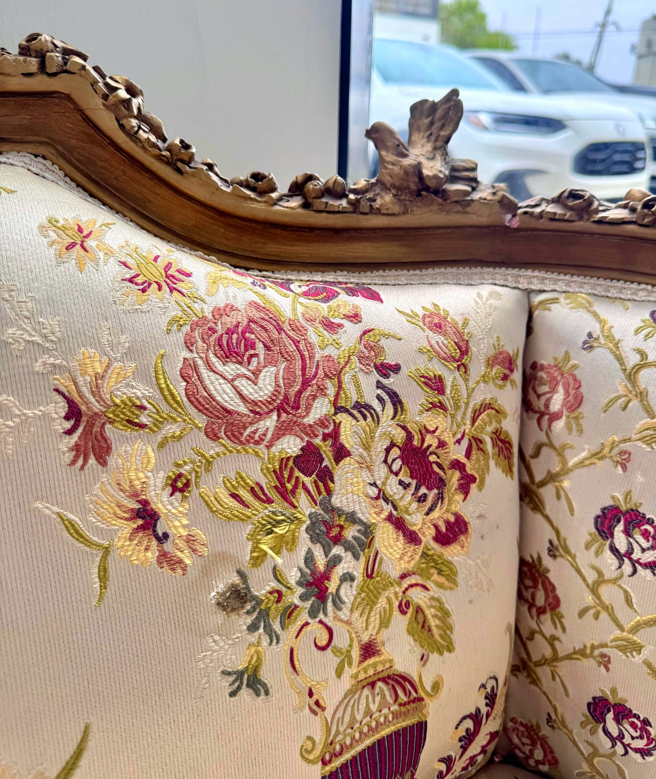 French Baroque Style Beige  Sofa – Gold Leaf Details & Damask Upholstery