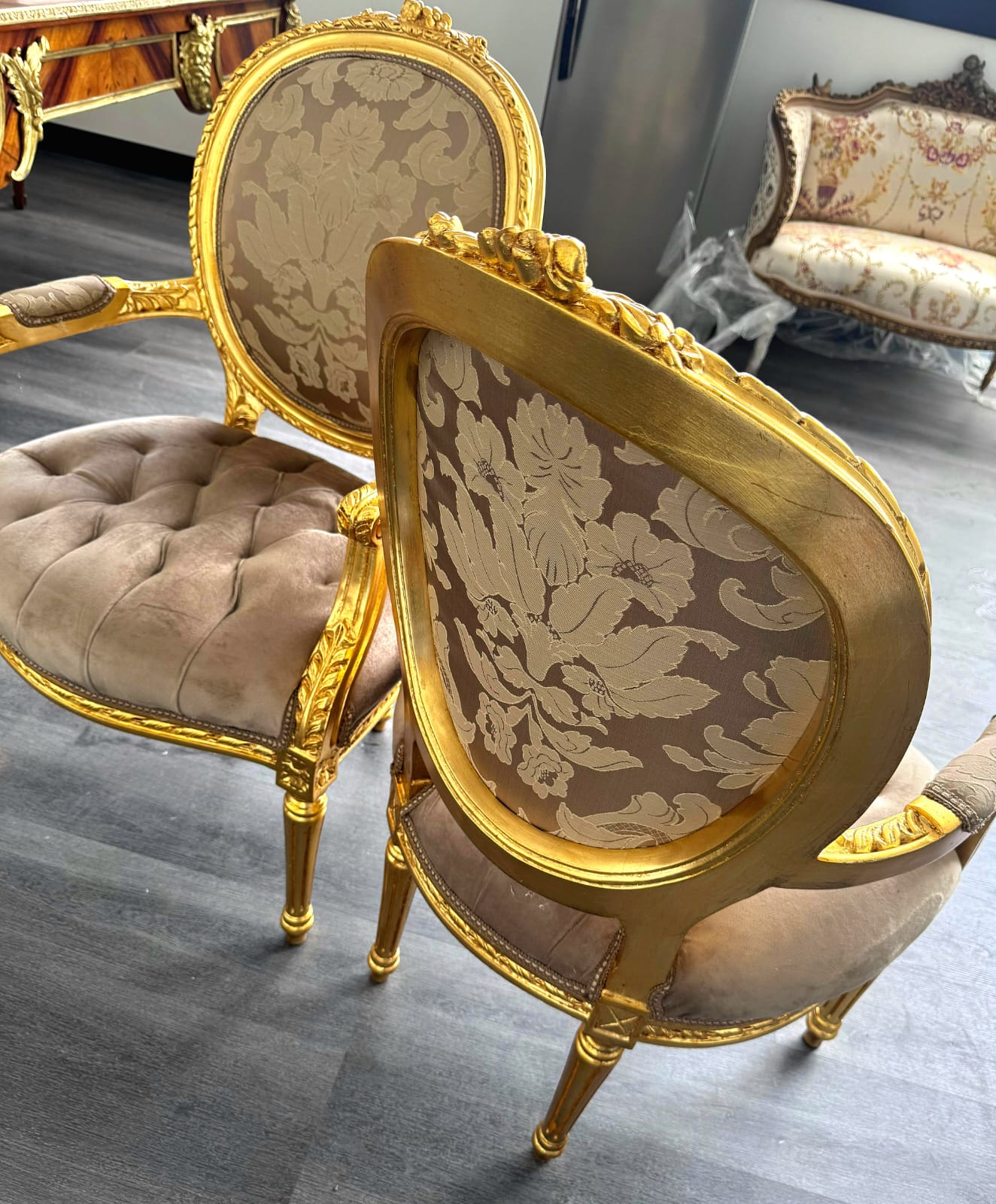 French Style Light Brown Tan Velvet Chair with Gold Leaf Details – Rococo Baroque Armchair