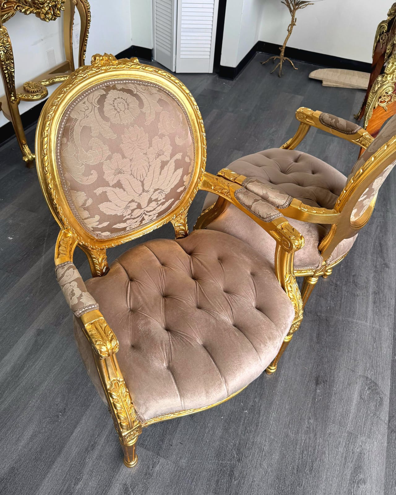 French Style Light Brown Tan Velvet Chair with Gold Leaf Details – Rococo Baroque Armchair