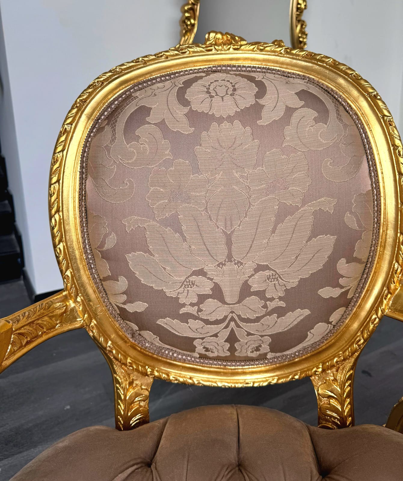 French Style Light Brown Tan Velvet Chair with Gold Leaf Details – Rococo Baroque Armchair