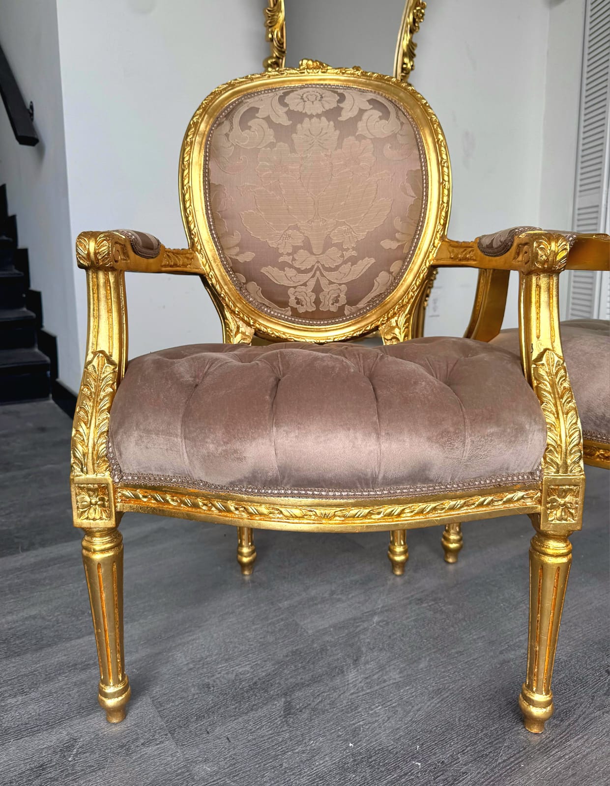 French Style Light Brown Tan Velvet Chair with Gold Leaf Details – Rococo Baroque Armchair