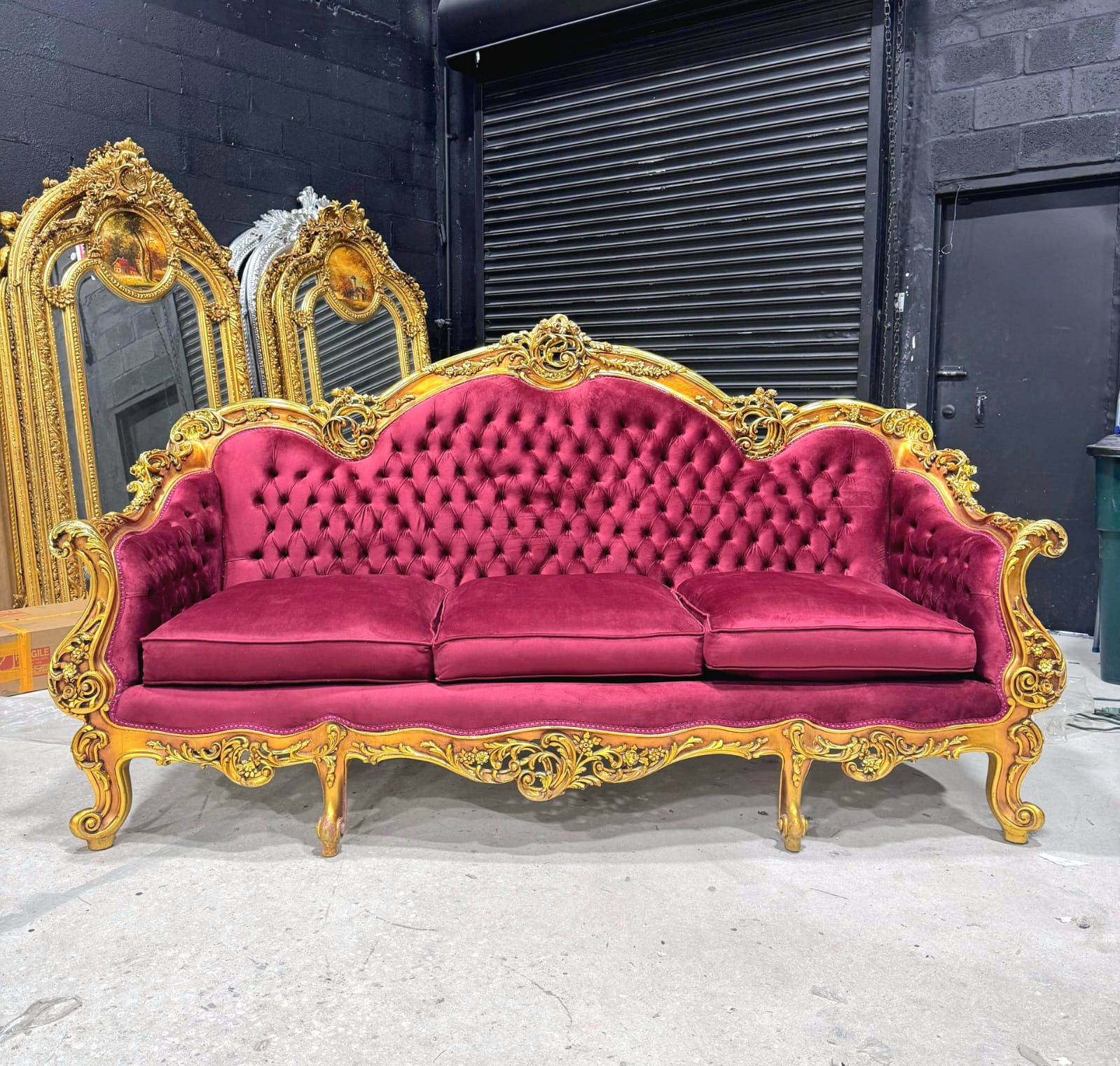 Baroque Style Ruby Red Sofa – French Design with Gold Leaf Details