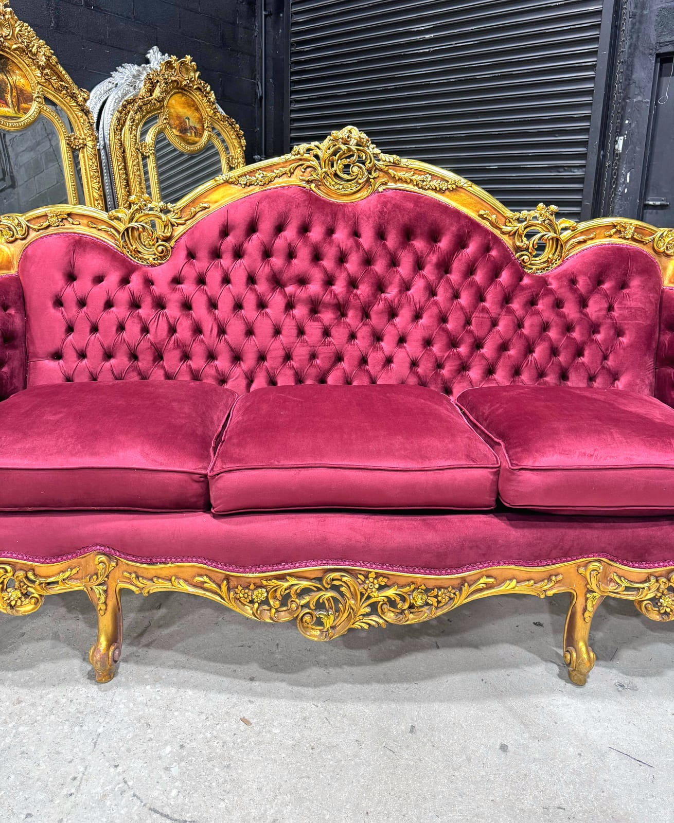 Baroque Style Ruby Red Sofa – French Design with Gold Leaf Details