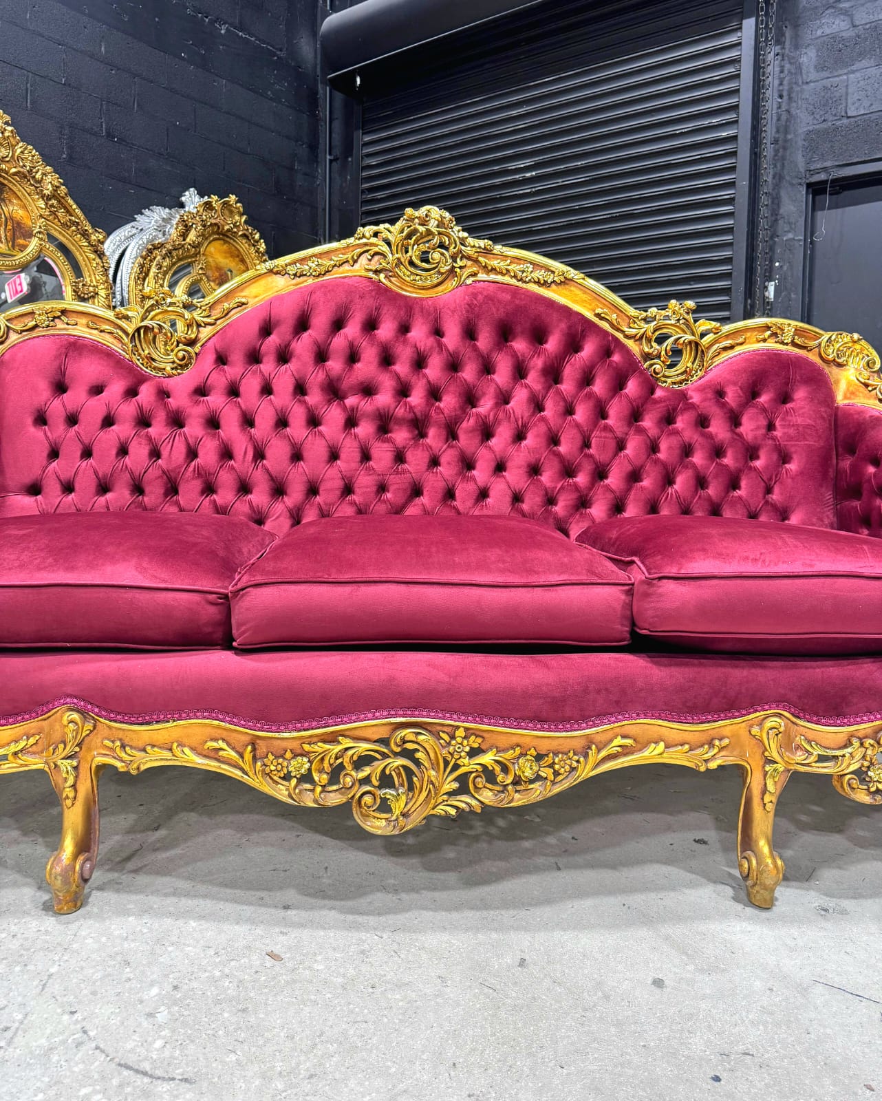 Baroque Style Ruby Red Sofa – French Design with Gold Leaf Details