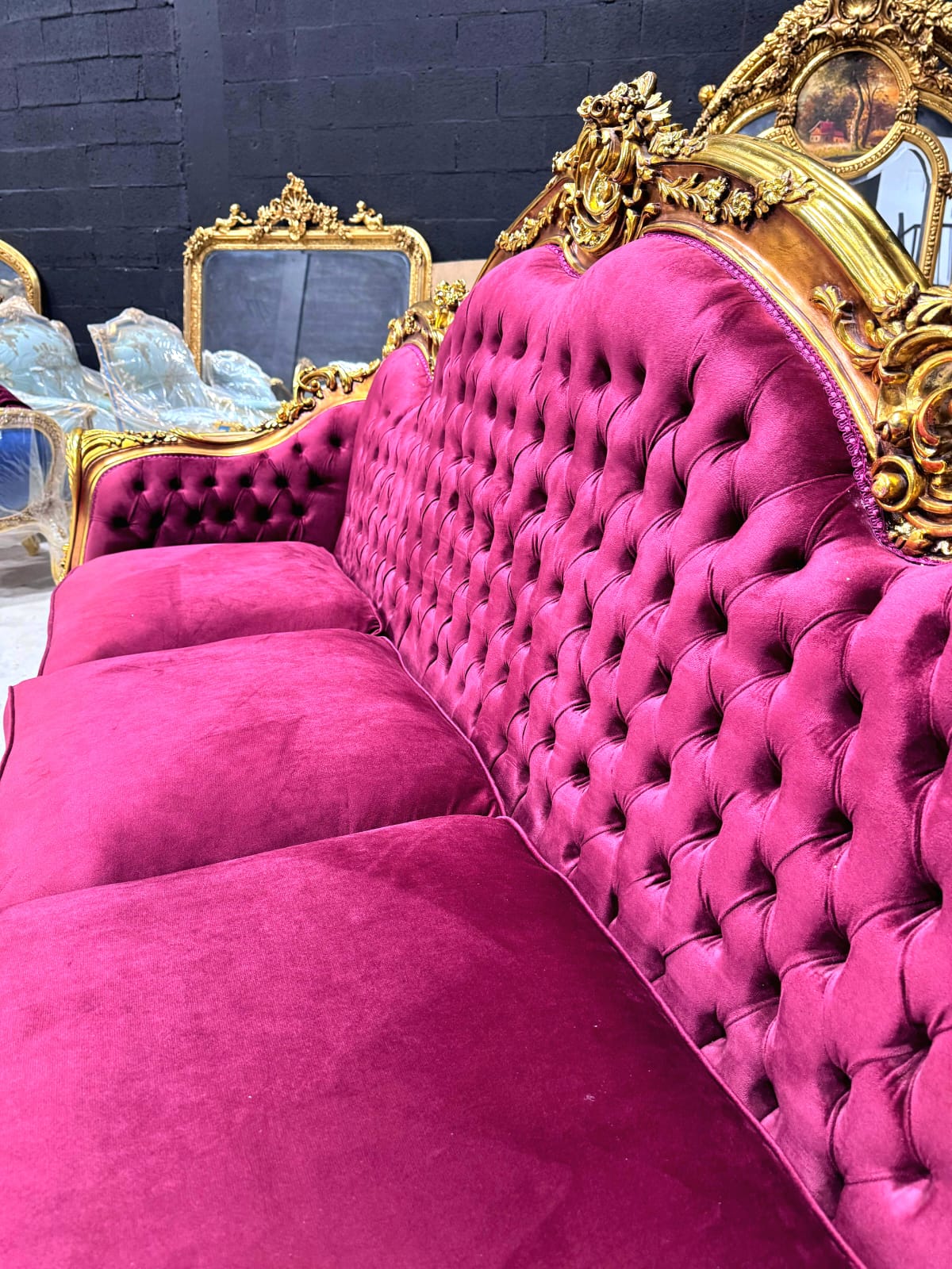 Baroque Style Ruby Red Sofa – French Design with Gold Leaf Details