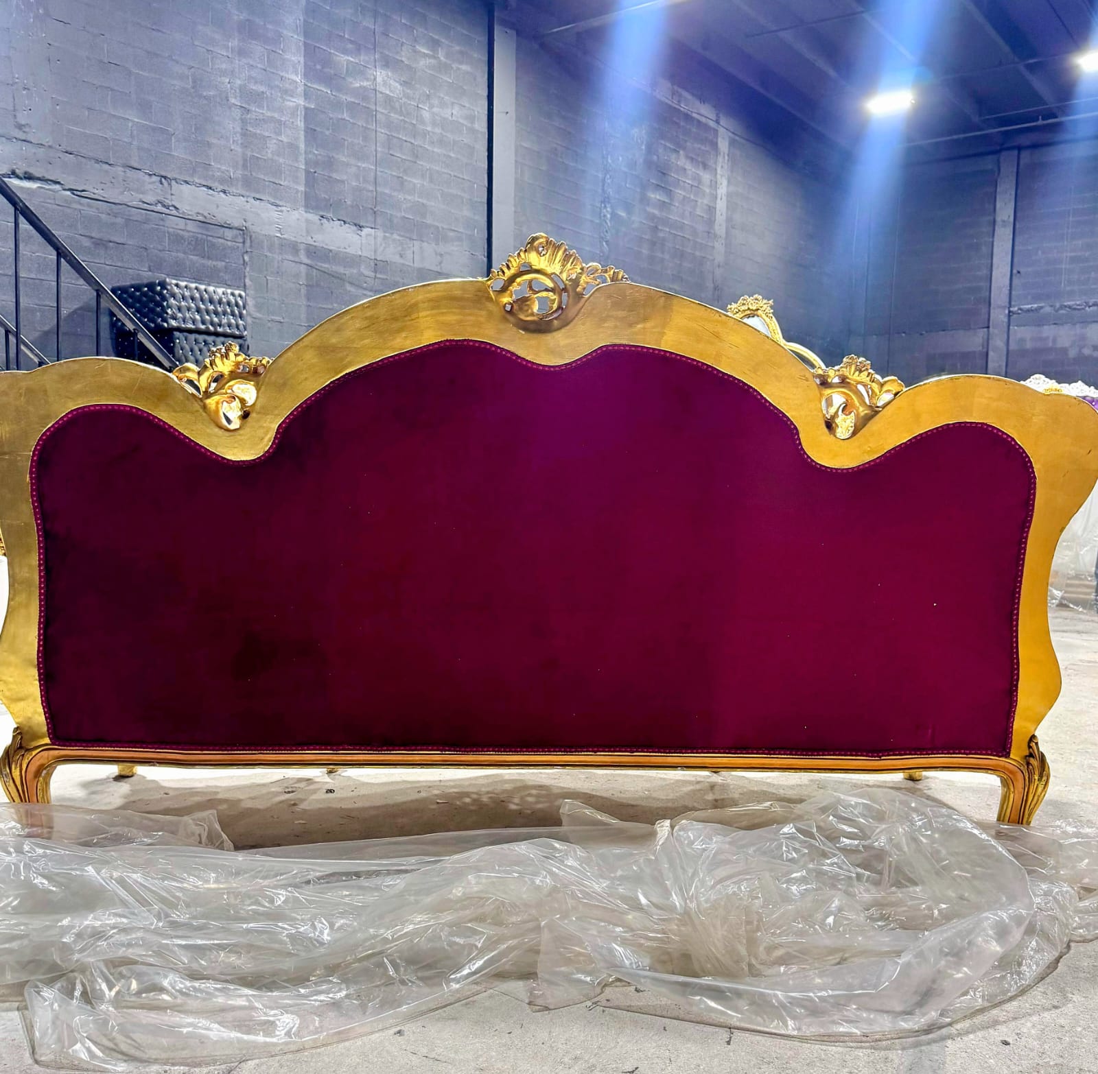 Baroque Style Ruby Red Sofa – French Design with Gold Leaf Details