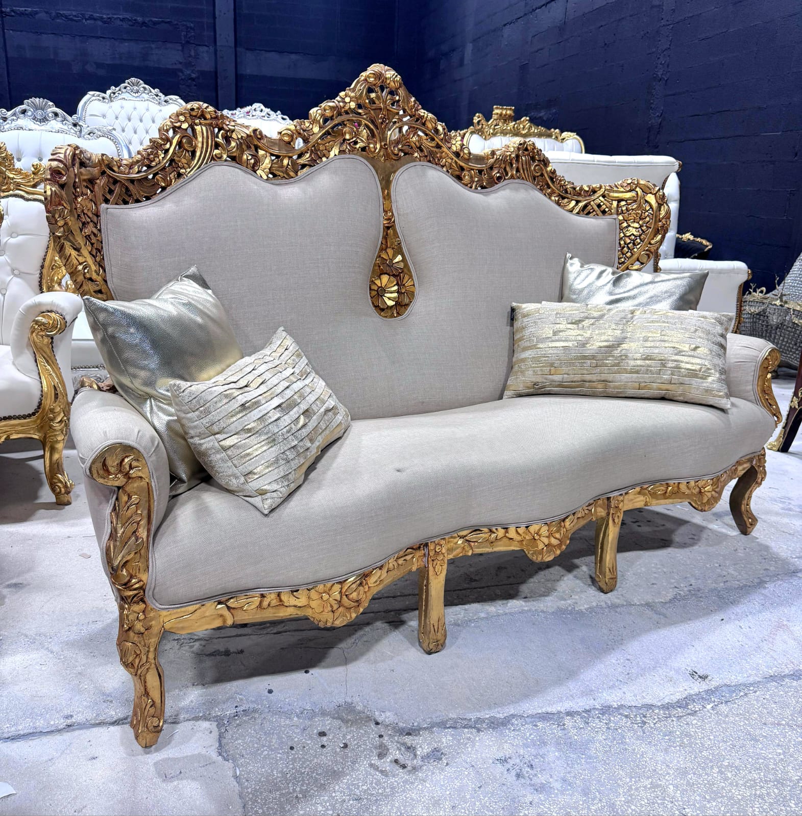 Baroque Style Tan Sofa – French Design with Gold Leaf Details
