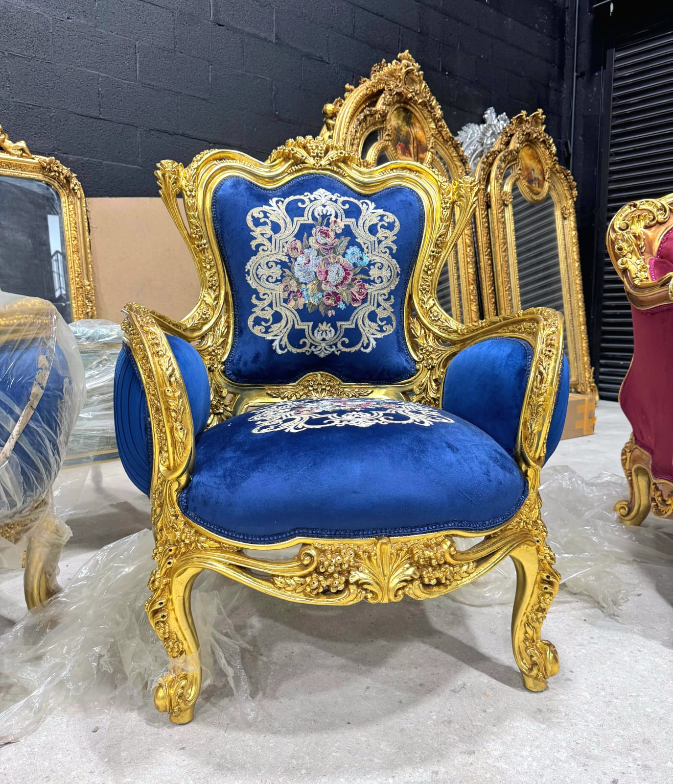 Blue Bergère Wing Chair – French Style Armchair with Gold Leaf Details