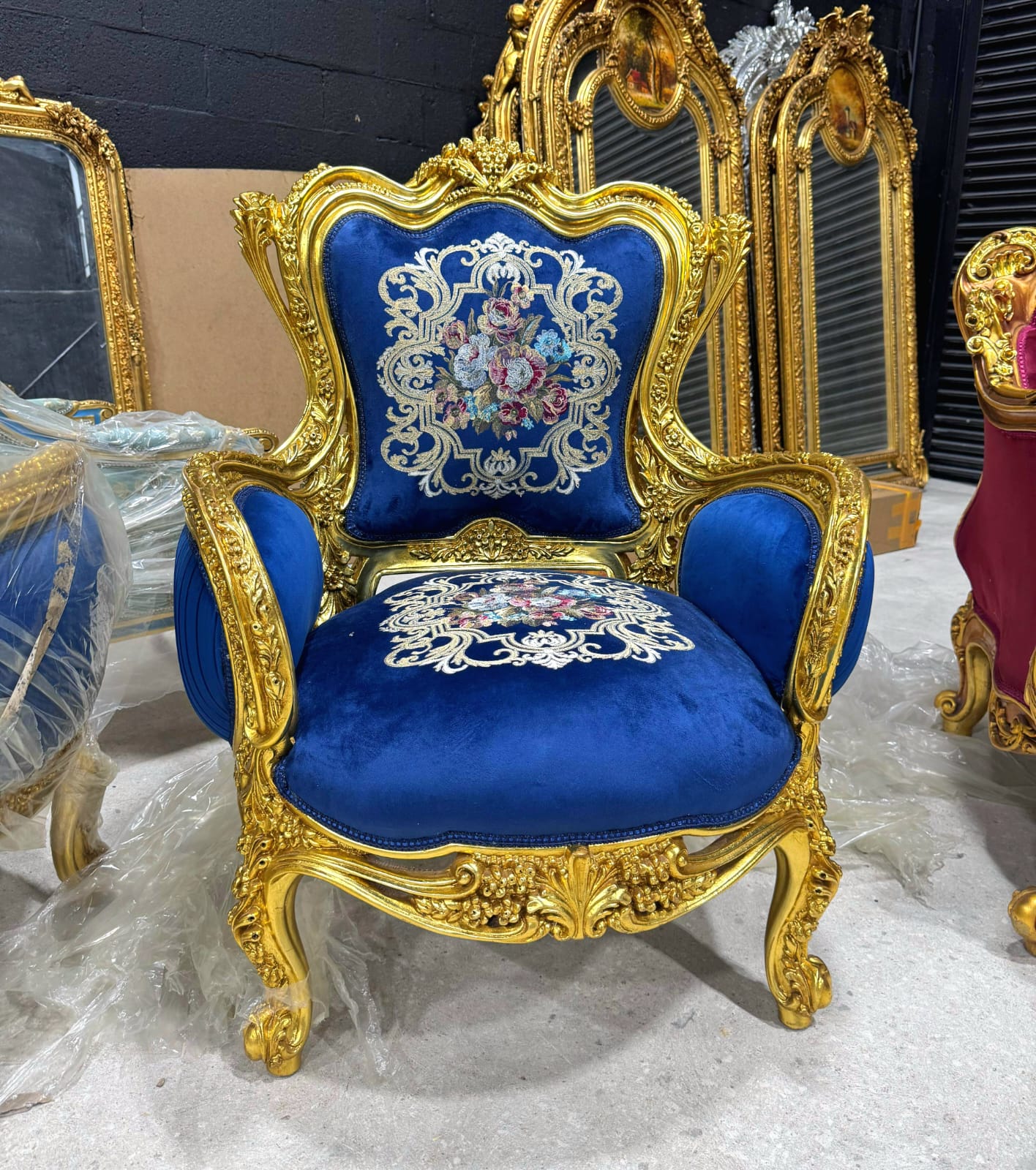Blue Bergère Wing Chair – French Style Armchair with Gold Leaf Details