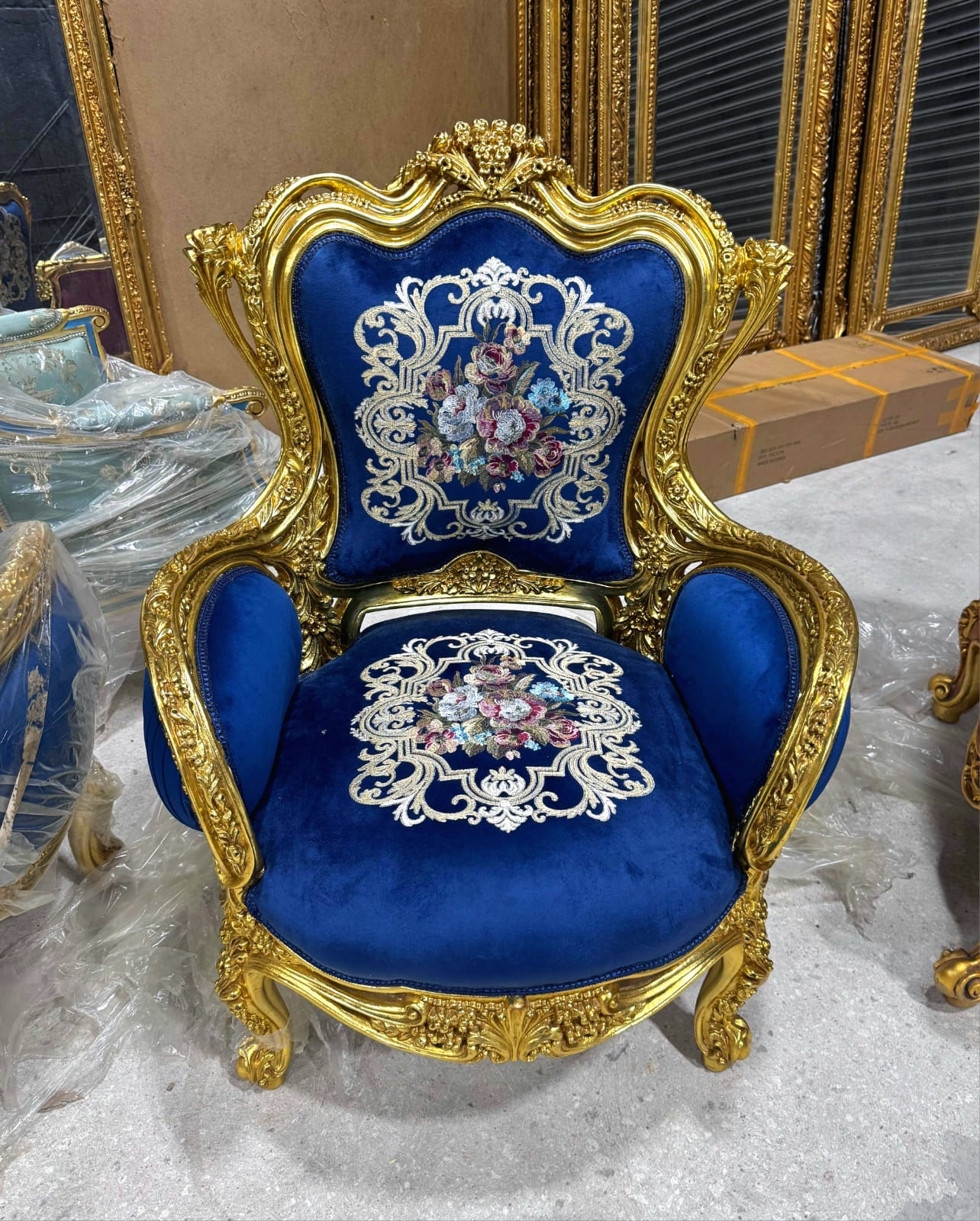 Blue Bergère Wing Chair – French Style Armchair with Gold Leaf Details