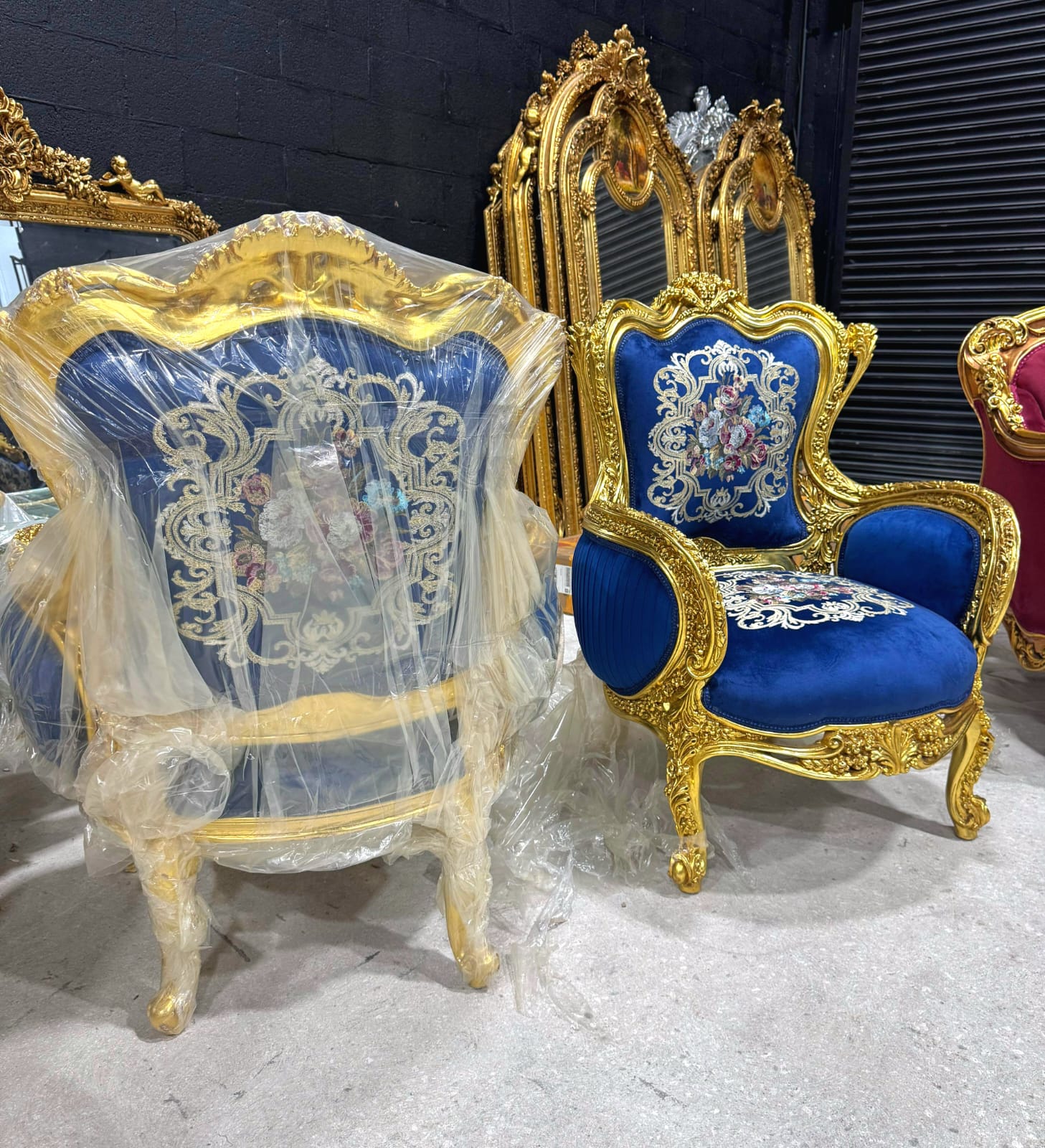 Blue Bergère Wing Chair – French Style Armchair with Gold Leaf Details