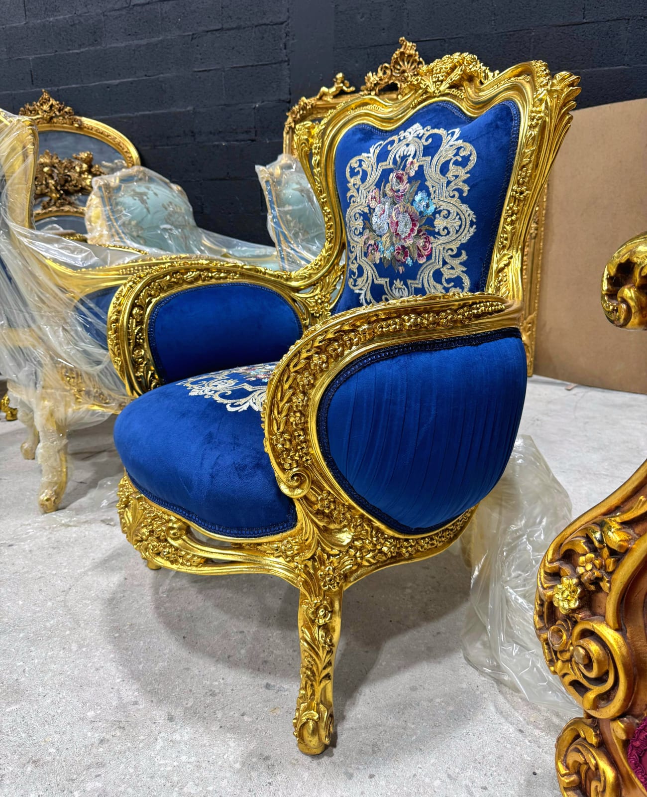 Blue Bergère Wing Chair – French Style Armchair with Gold Leaf Details