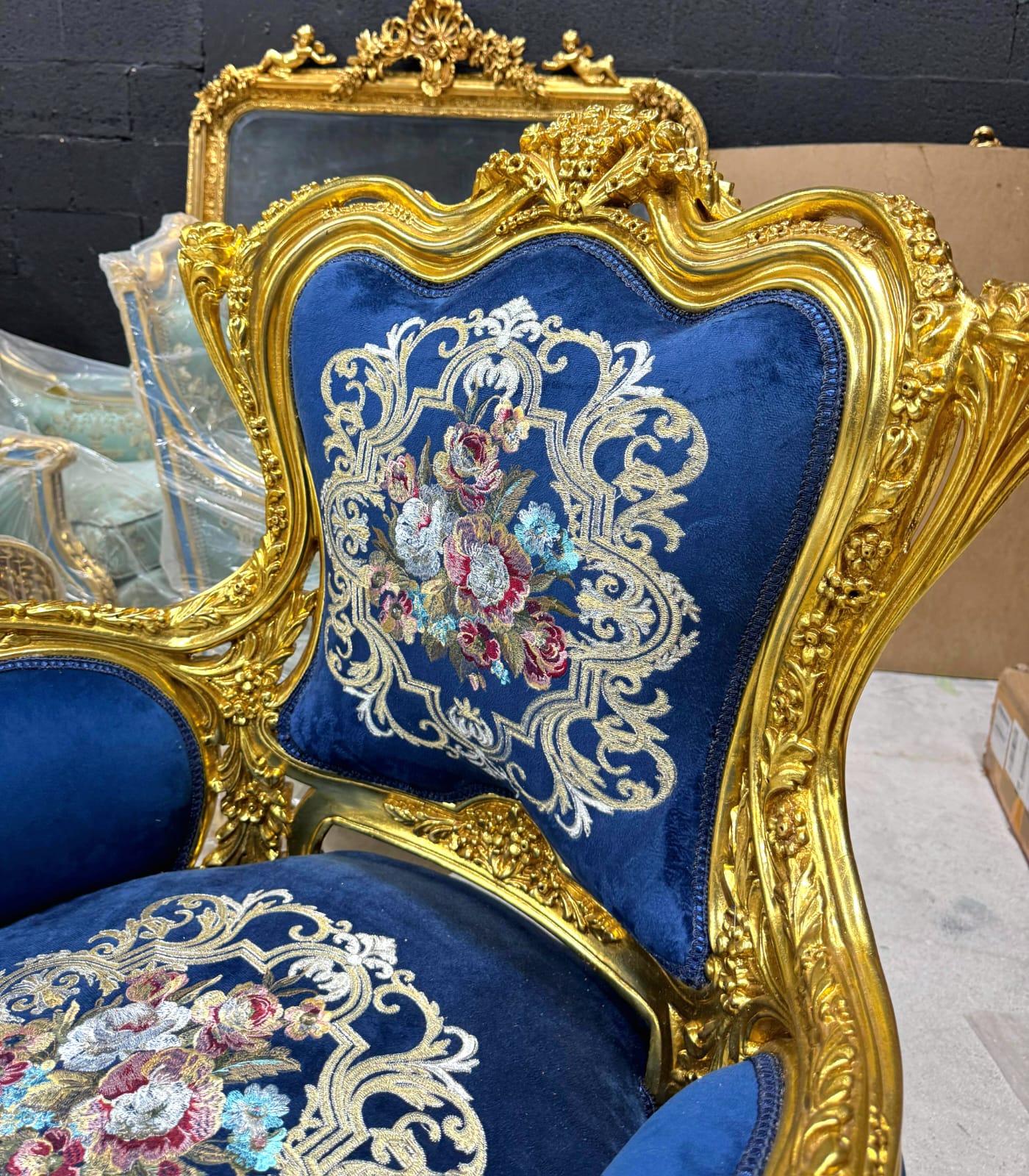 Blue Bergère Wing Chair – French Style Armchair with Gold Leaf Details