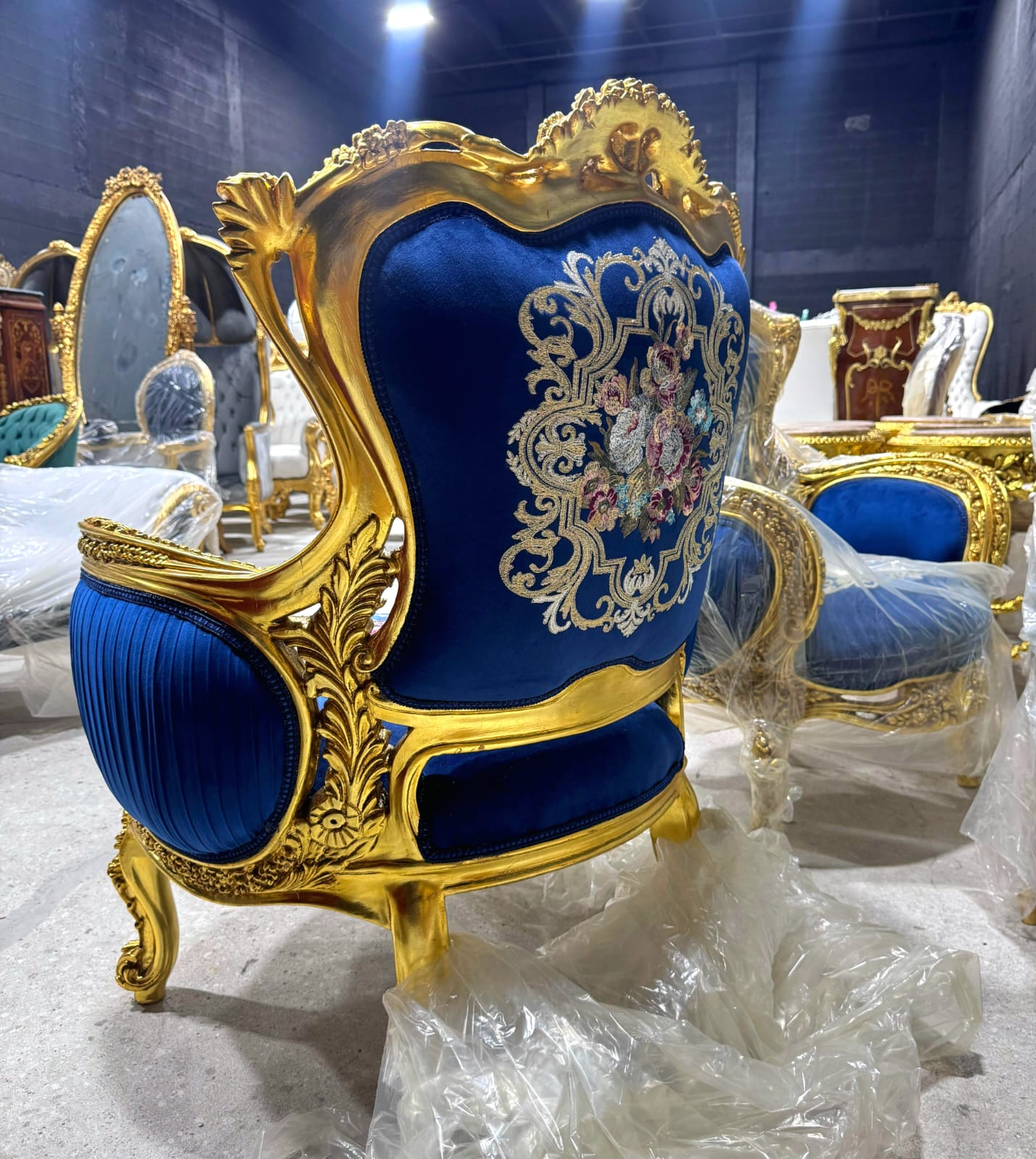 Blue Bergère Wing Chair – French Style Armchair with Gold Leaf Details